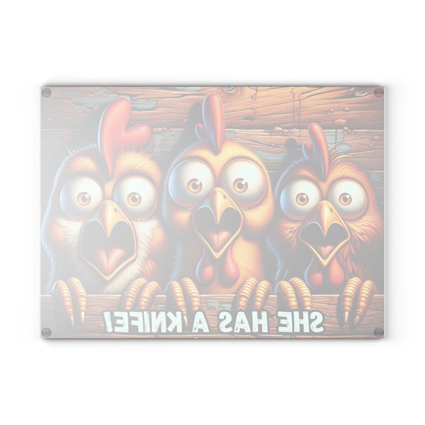 🐔🔪 “She Has a Knife!” Glass Cutting Board – Farmhouse Fun with a Spooky Twist