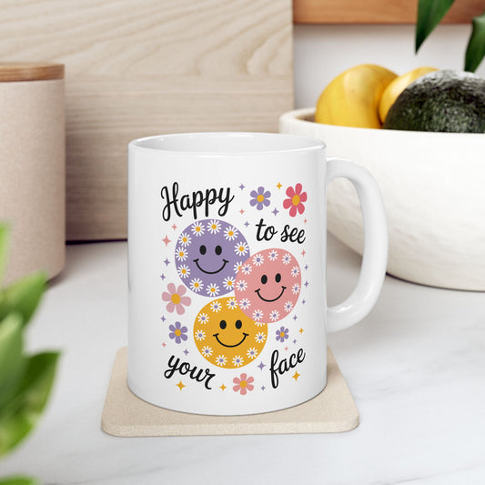 🌸😊 Happy to See Your Face Mug – Retro Smiley Flower Coffee Cup ☕🌼