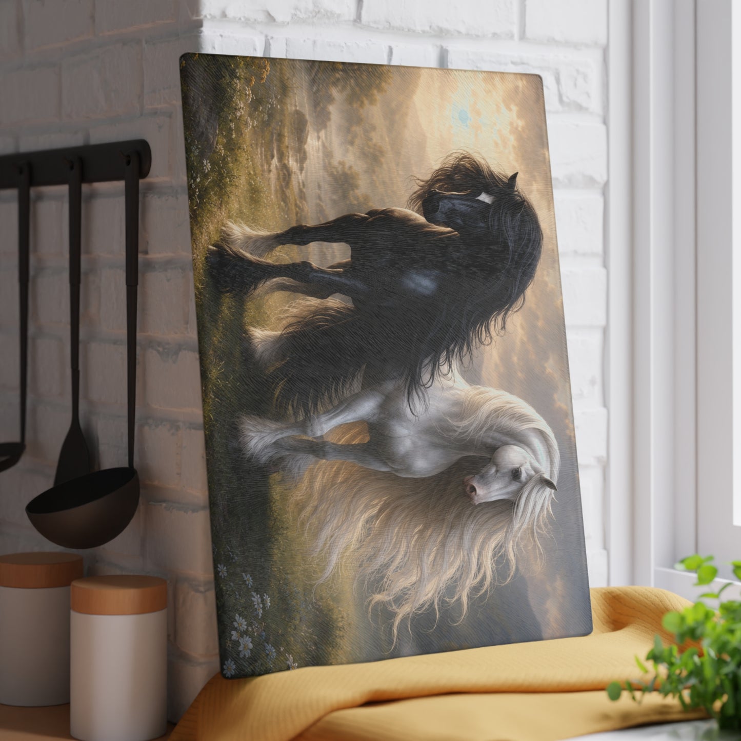 Majestic Black & White Horses Glass Cutting Board – Elegant Horse Kitchen Decor, Nature Lover Gift