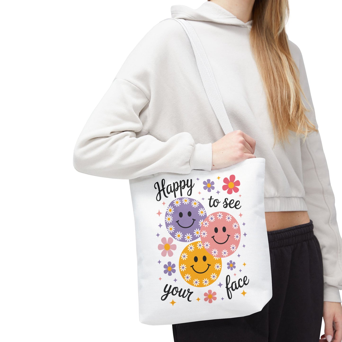 🌼 Happy Face Daisy Tote Bag – Retro Smiles with Floral Charm 🌸