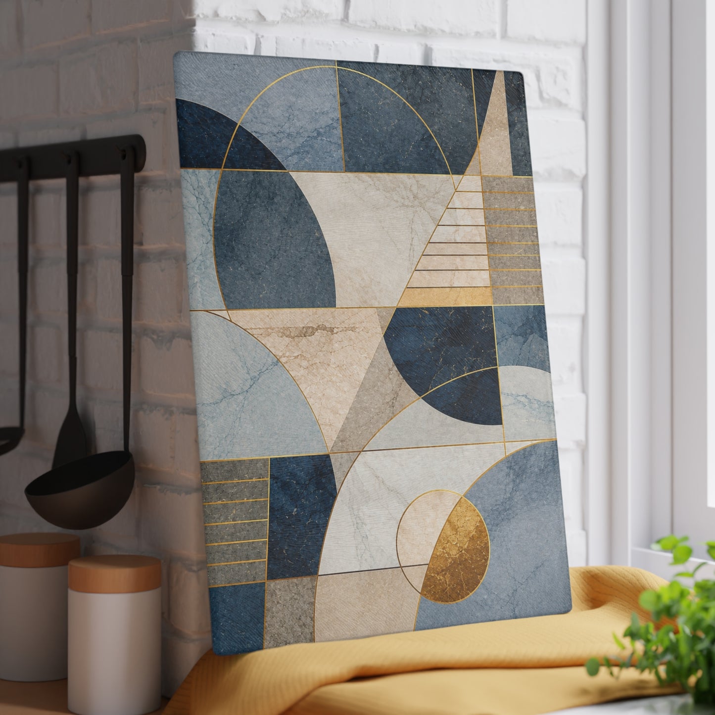 Modern Abstract Geometric Glass Cutting Board – Blue Beige & Gold Contemporary Kitchen Decor