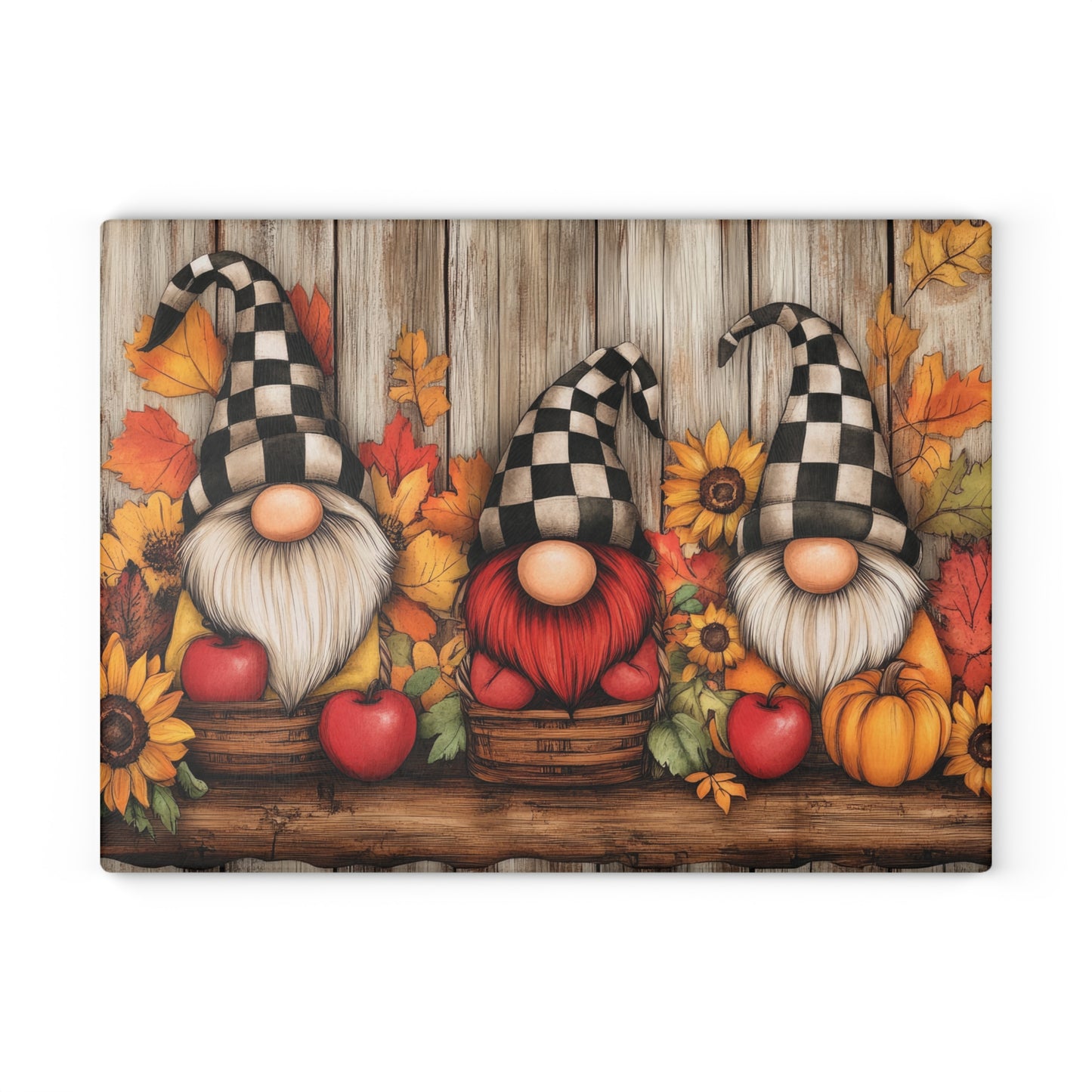 🍎 Fall Harvest Gnome Trio Cutting Board – Rustic Charm with Sunflowers, Apples & Checkered Hats 🍂🎃