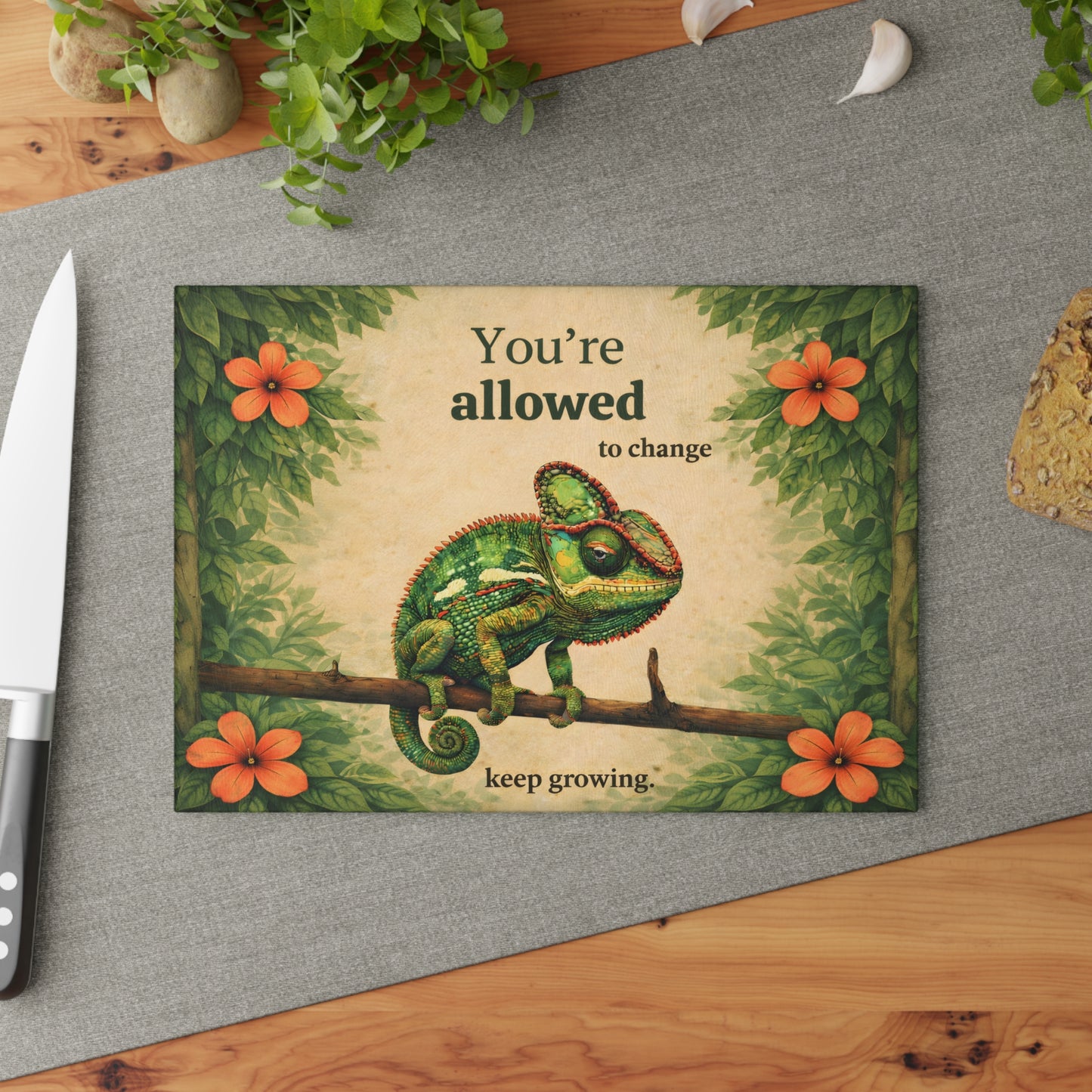 You’re Allowed to Change Glass Cutting Board – Inspirational Chameleon Garden Art Kitchen Decor