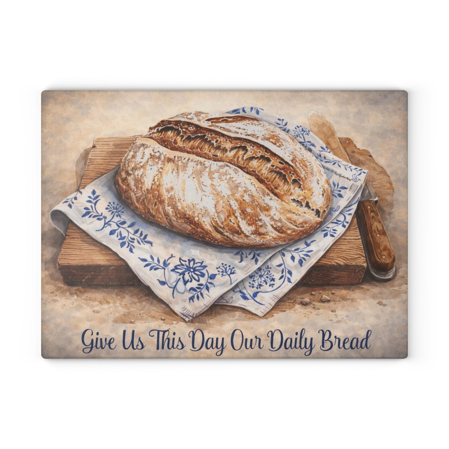 Give Us This Day Glass Cutting Board – Rustic Bread Artwork with Faith-Inspired Message