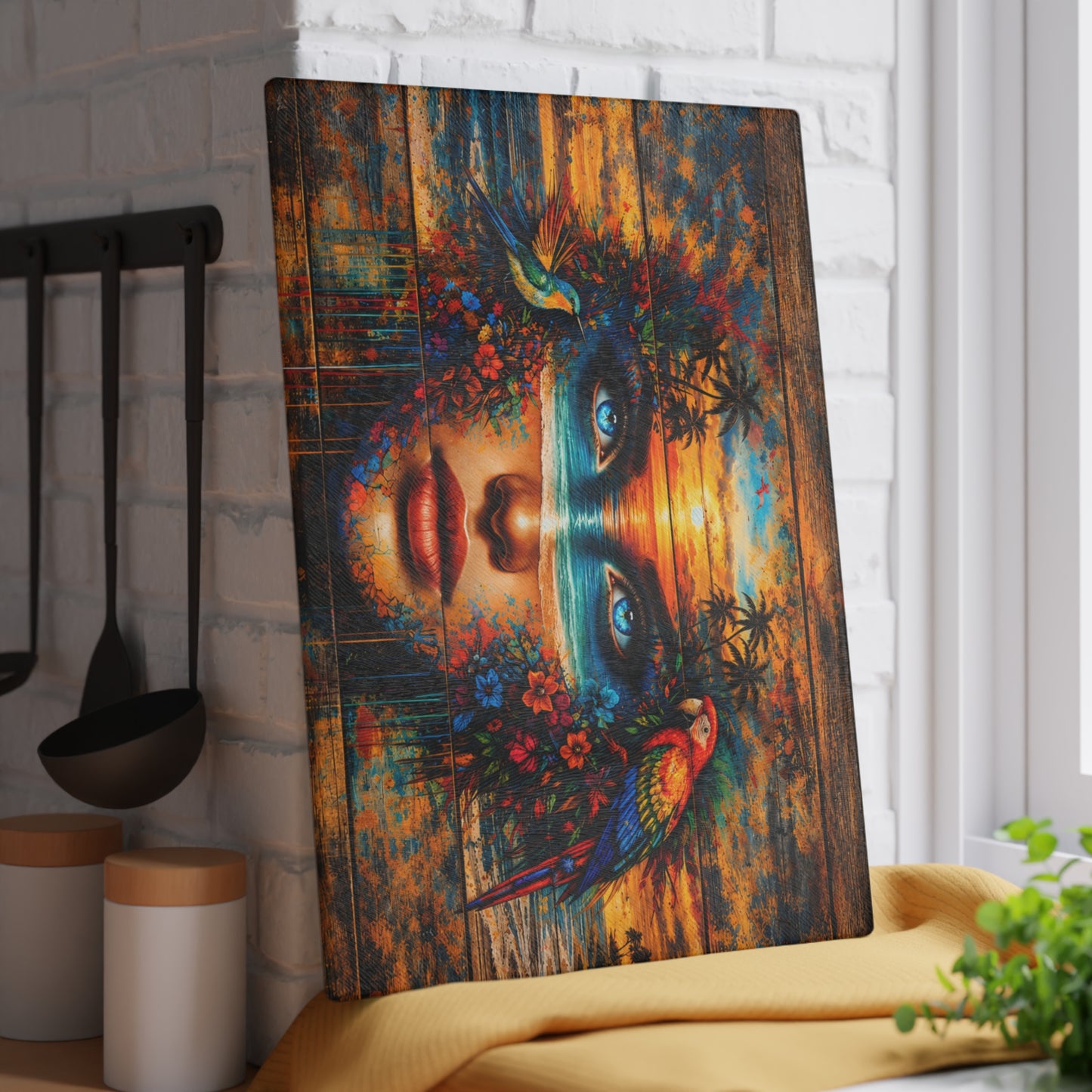 Surreal Coastal Muse Glass Cutting Board – Stained-Glass-Inspired Tropical Art Kitchen Decor