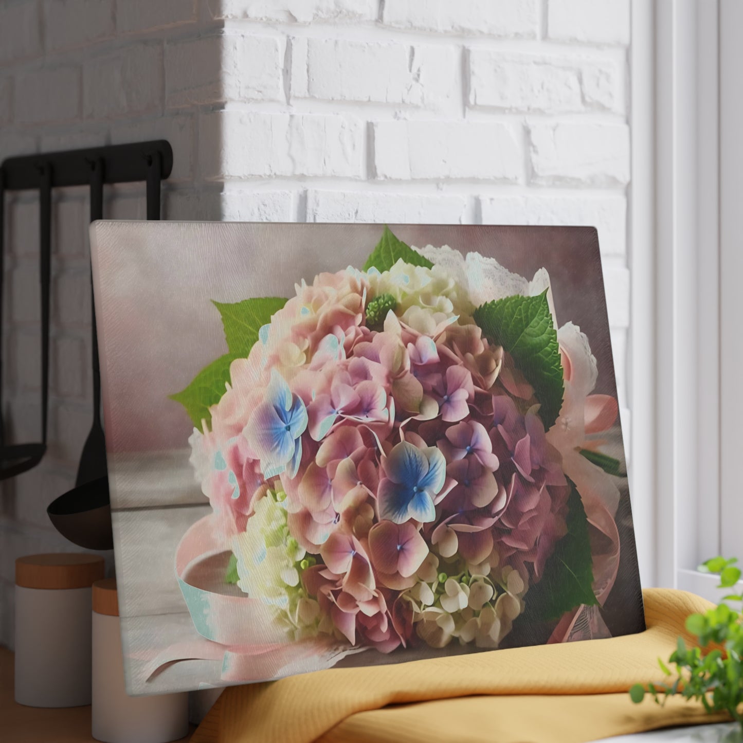 Tabla de cortar de vidrio templado con flores de hortensia: elegante decoración floral para la cocina, regalo único, tabla de cortar de vidrio, tabla para charcutería, tabla de cortar personalizada, flores