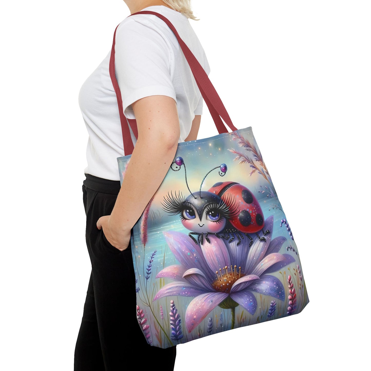 🐞 Mariquita sobre una flor junto al lago – Bolsa de tela inspirada en la naturaleza