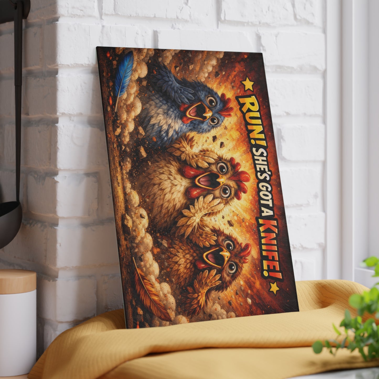 RUN! She’s Got a Knife Glass Cutting Board – Explosive Farmhouse Chicken