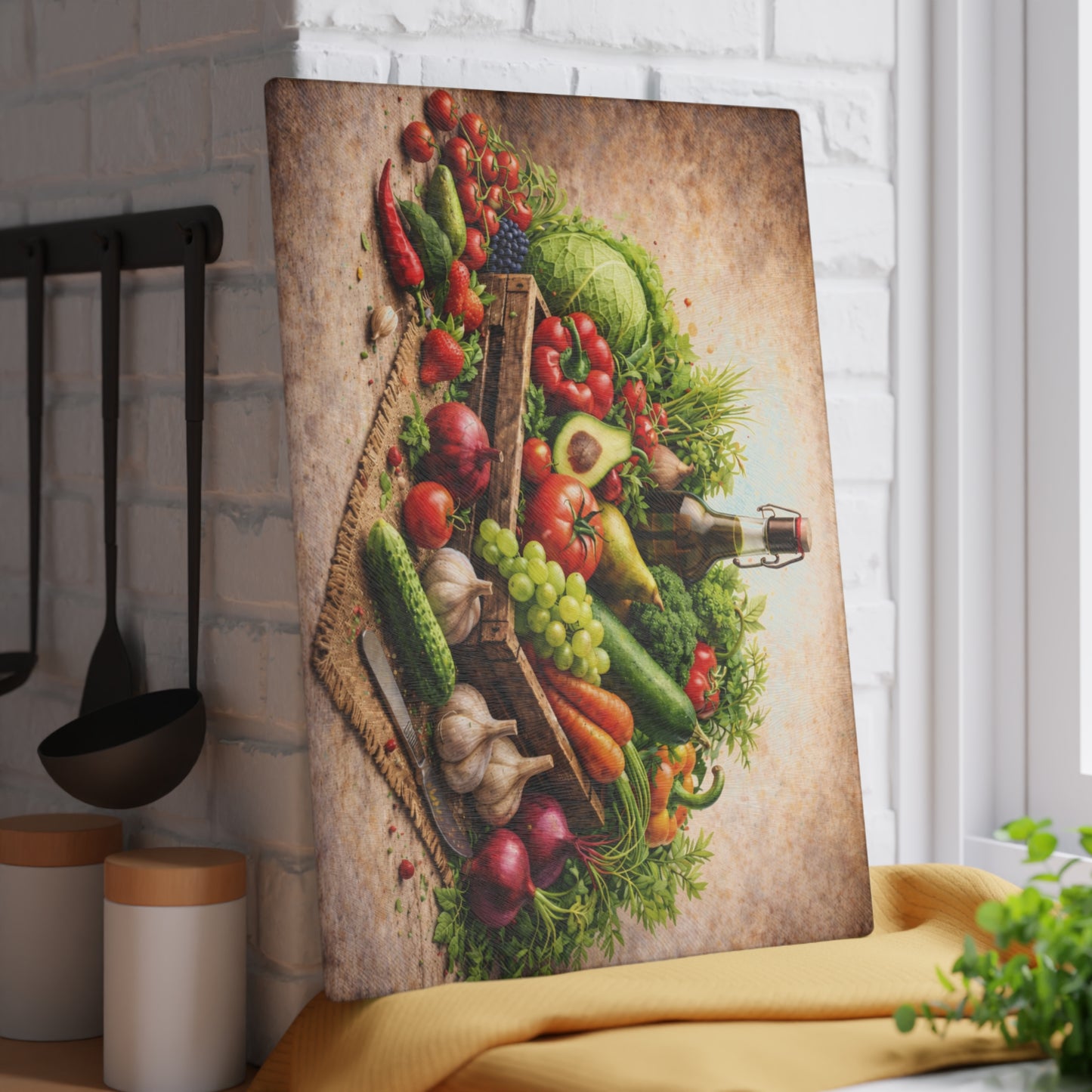 Farm Fresh Harvest Glass Cutting Board – Rustic Market Vegetable Kitchen Art