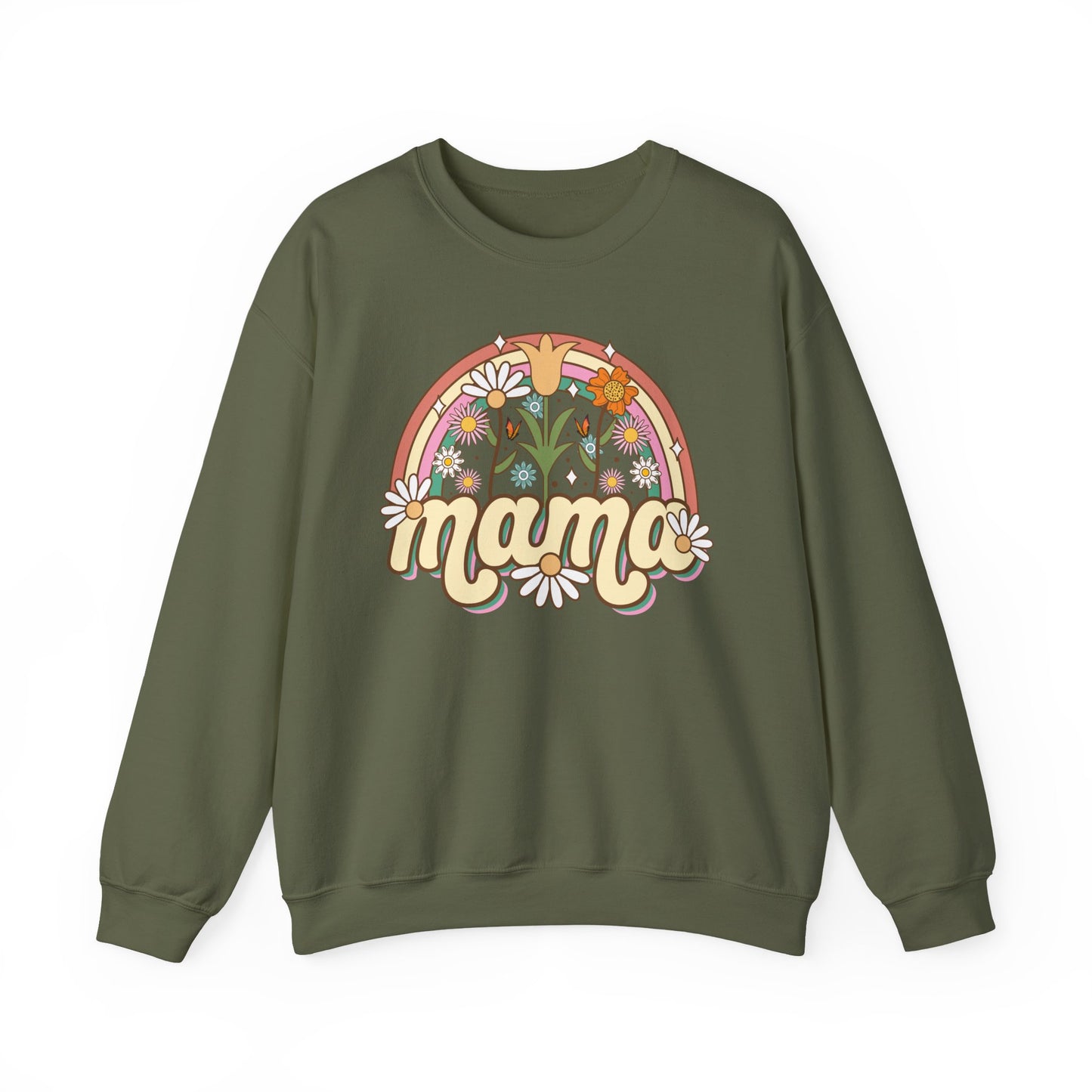 🌼🌈 Retro Floral Mama Sweatshirt – Vintage Rainbow Daisy Mom Crewneck