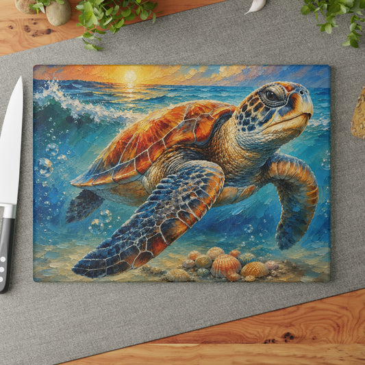 Sea Turtle Glass Cutting Board – Colorful Coastal Sea Turtle Artwork with Ocean Waves