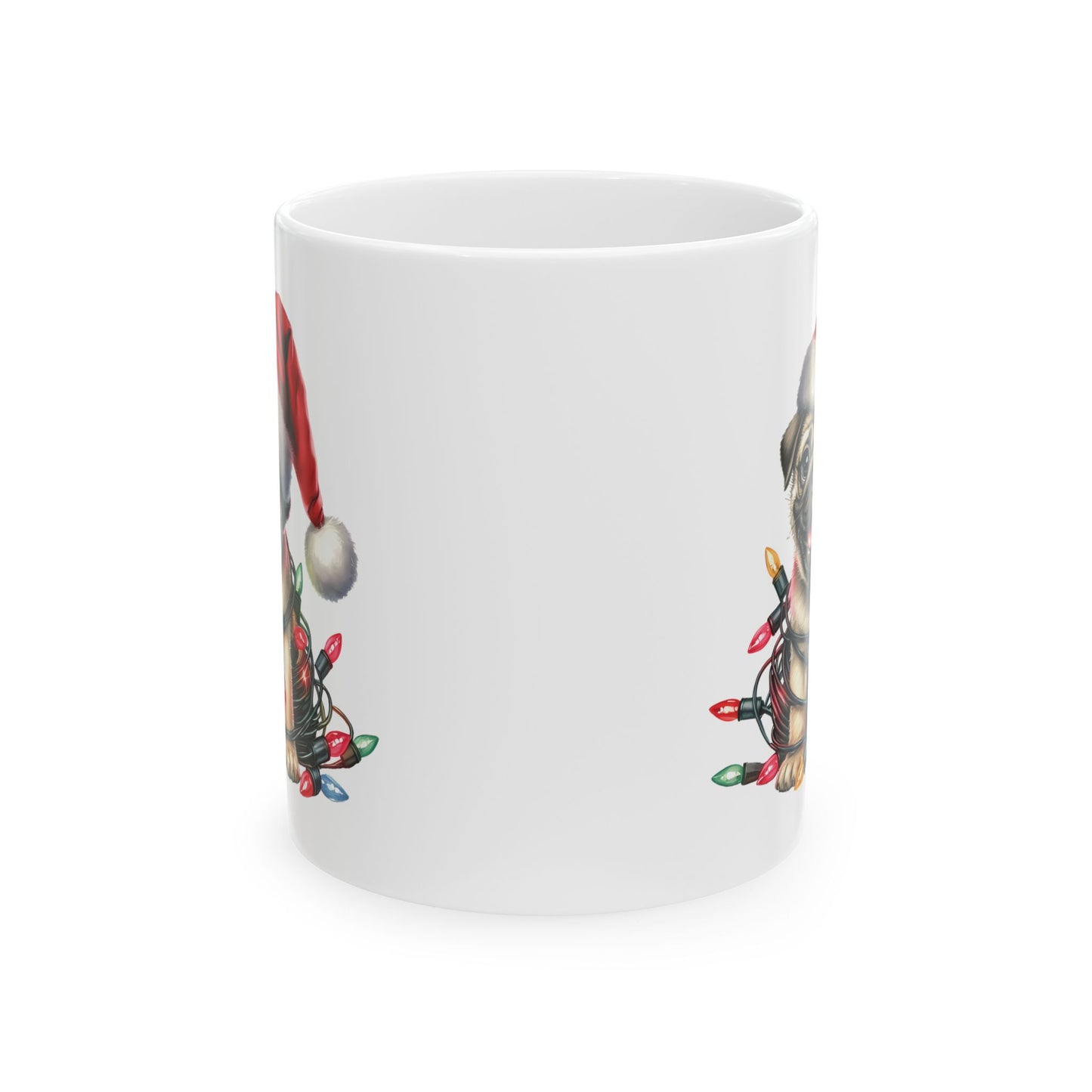 🎄 Pug Christmas Mug – Festive Santa Hat & Tangled Lights Delight 🎁
