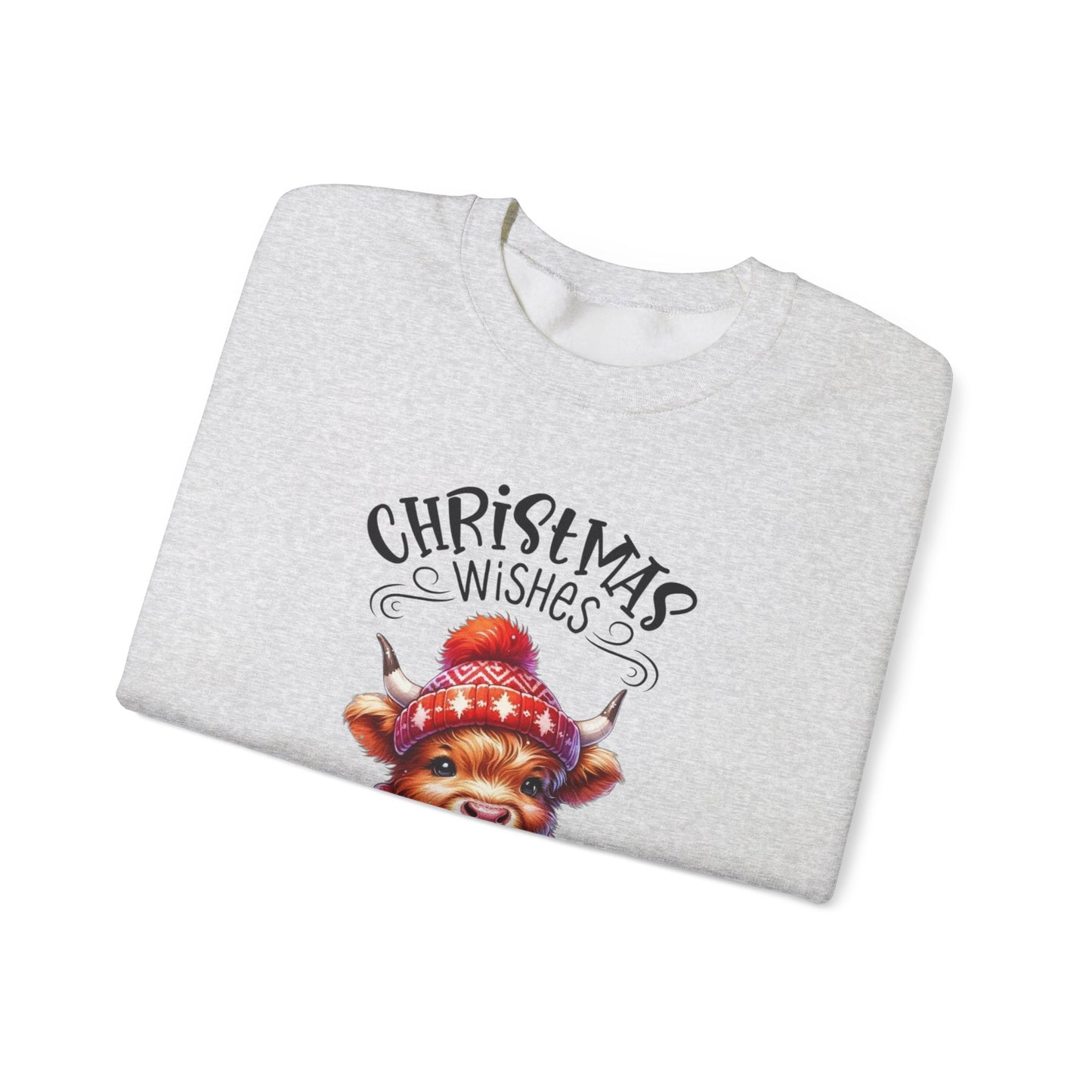 🎄☕🐮 Christmas Wishes and Cocoa Kisses Sweatshirt – Cozy Highland Cow Holiday Sweater ❄️❤️