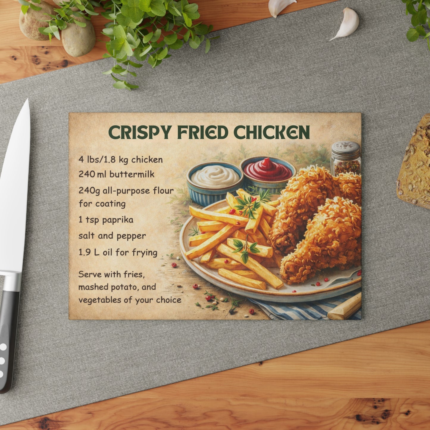 Crispy Fried Chicken Recipe Glass Cutting Board – Classic Comfort Food Kitchen Art