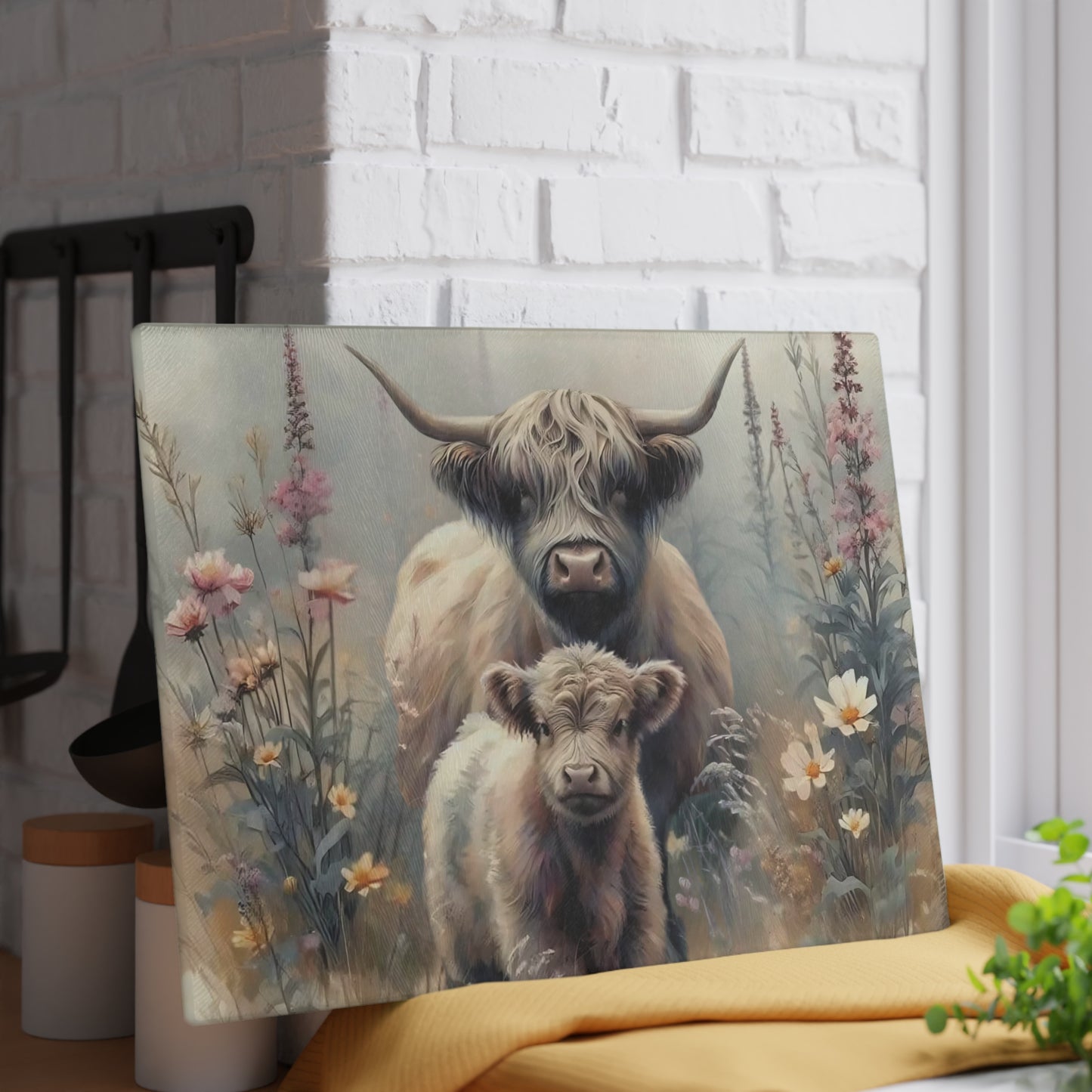 Tabla de cortar de vidrio templado con vaca y bebé de las Highlands