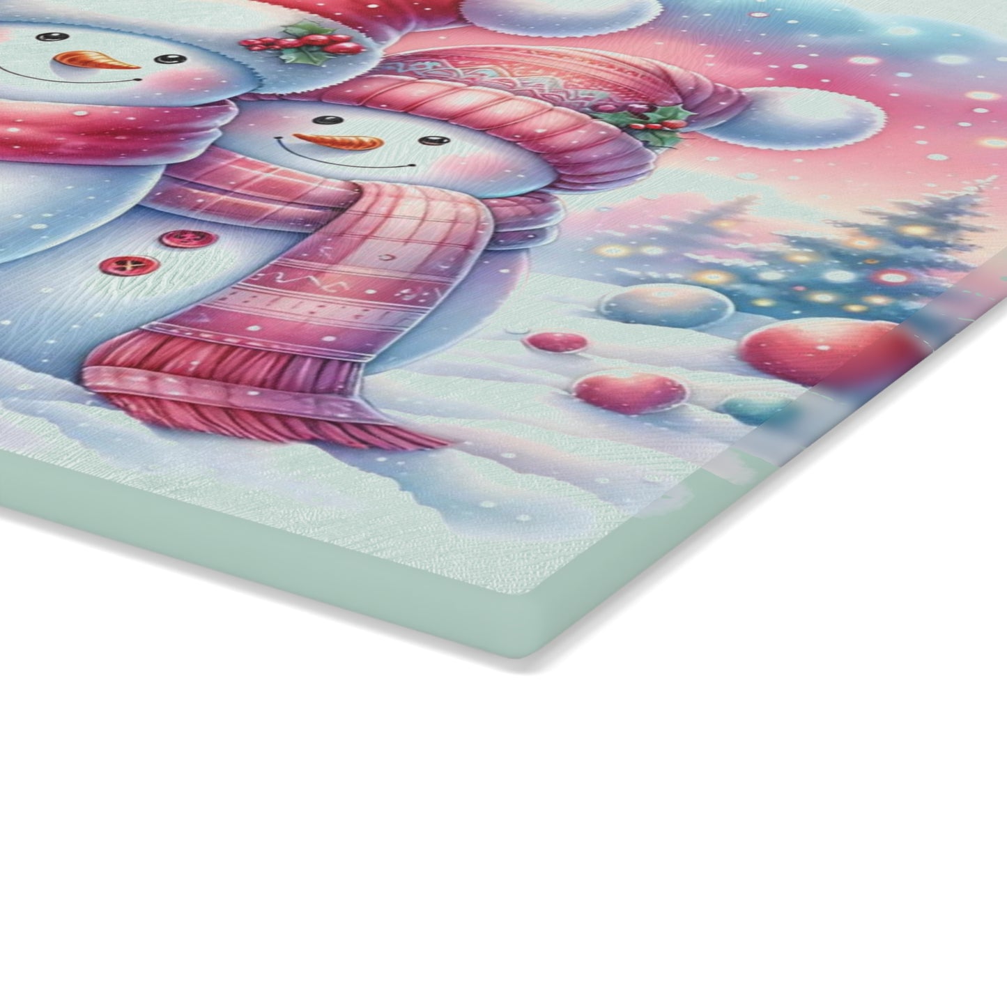 ⛄️🎀 “Pink Scarf Snowman Trio” Glass Cutting Board – Cozy Charm for Your Kitchen