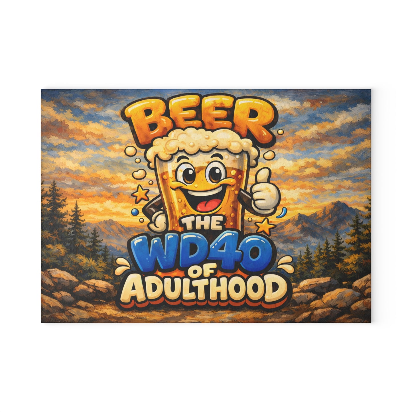 Funny Beer Glass Cutting Board – “Beer Is the WD40 of Adulthood” Mountain Humor Kitchen Decor