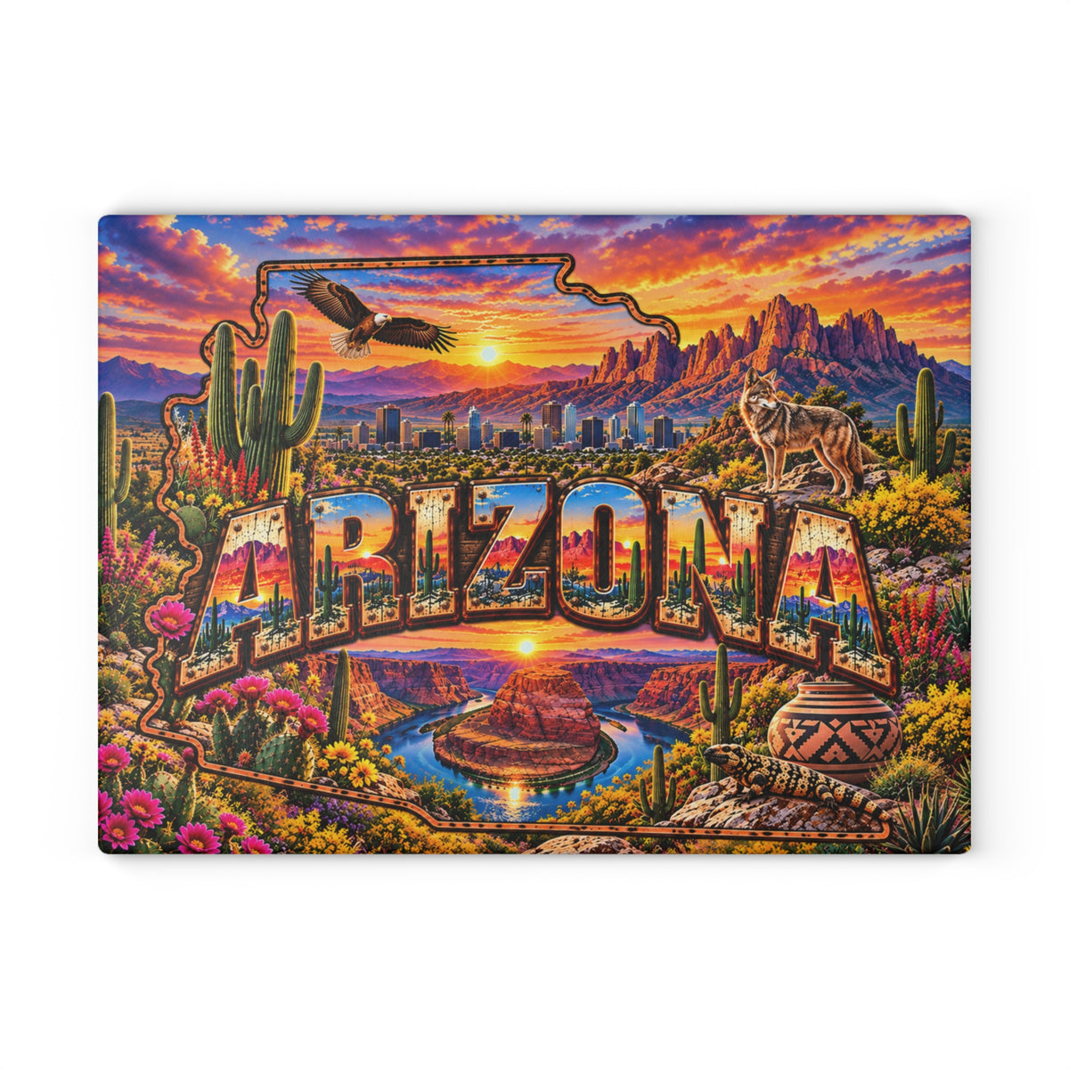 Arizona Glass Cutting Board – Arizona State Map, Grand Canyon, Saguaro Cactus, Desert Wildlife & Sunset Kitchen Décor