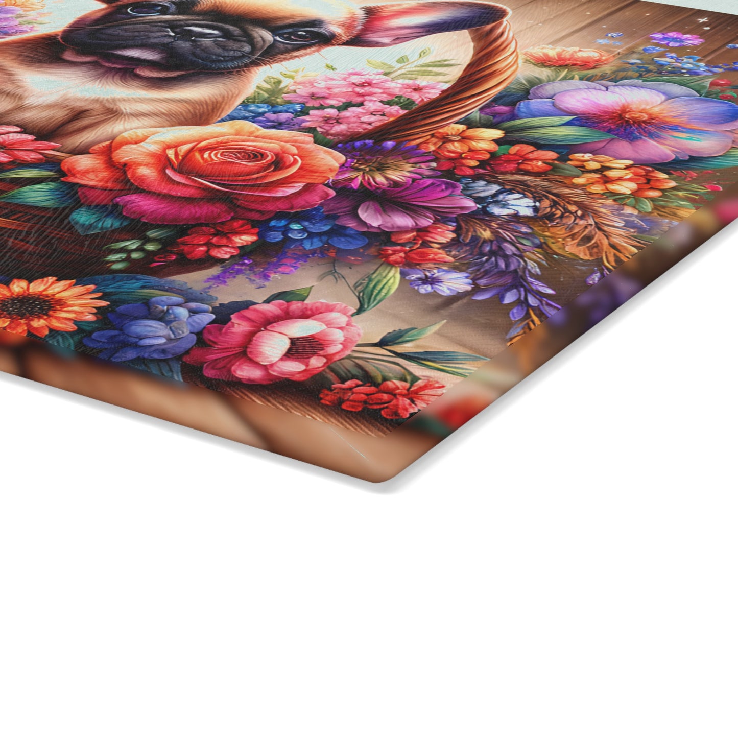 🐾 Fawn French Bulldog in Bloom Basket Cutting Board – Rustic Elegance Meets Frenchie Charm 🌼