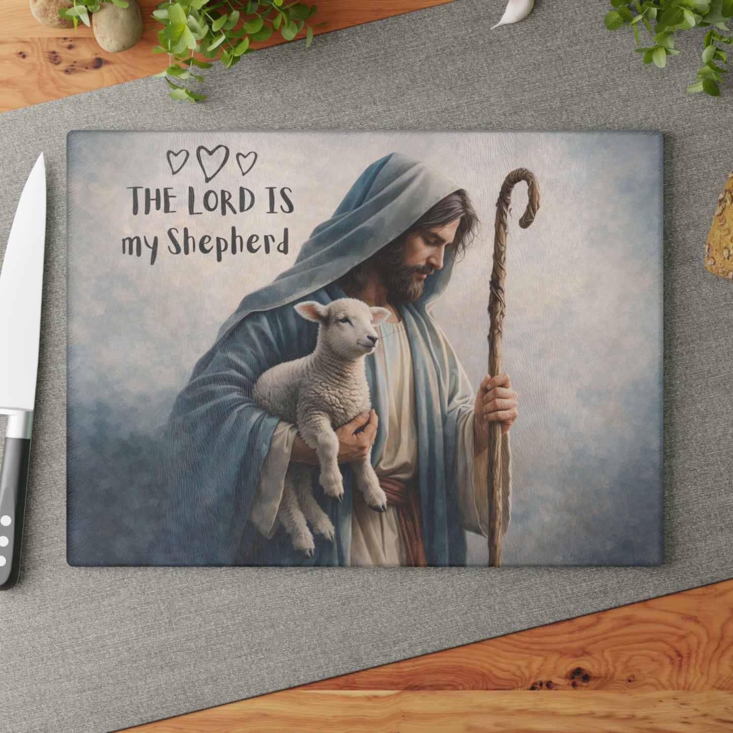 The Lord Is My Shepherd Glass Cutting Board – Faith-Inspired Lamb & Shepherd Artwork