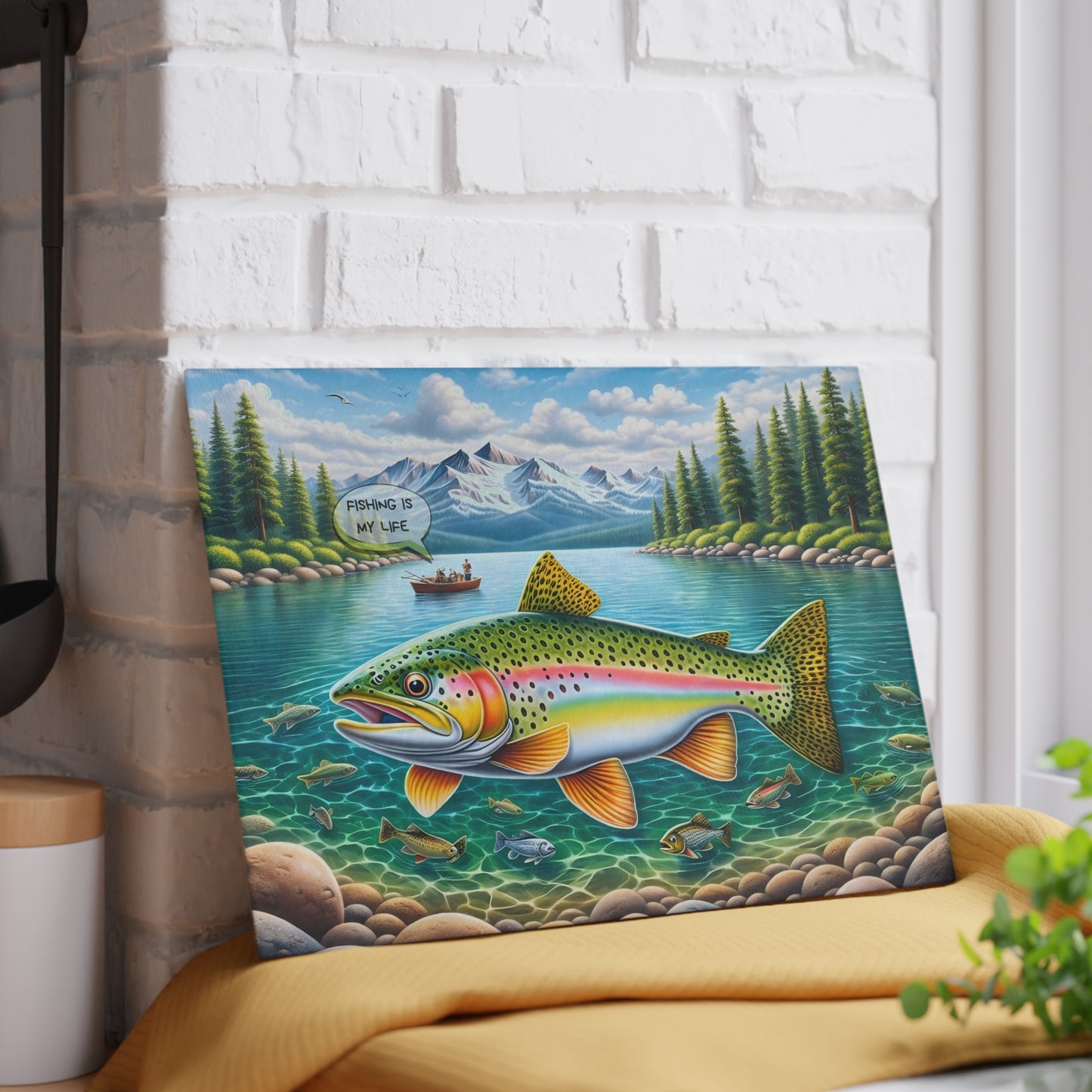 Fishing Is My Life Glass Cutting Board – Colorful Trout Lake Fishing Artwork