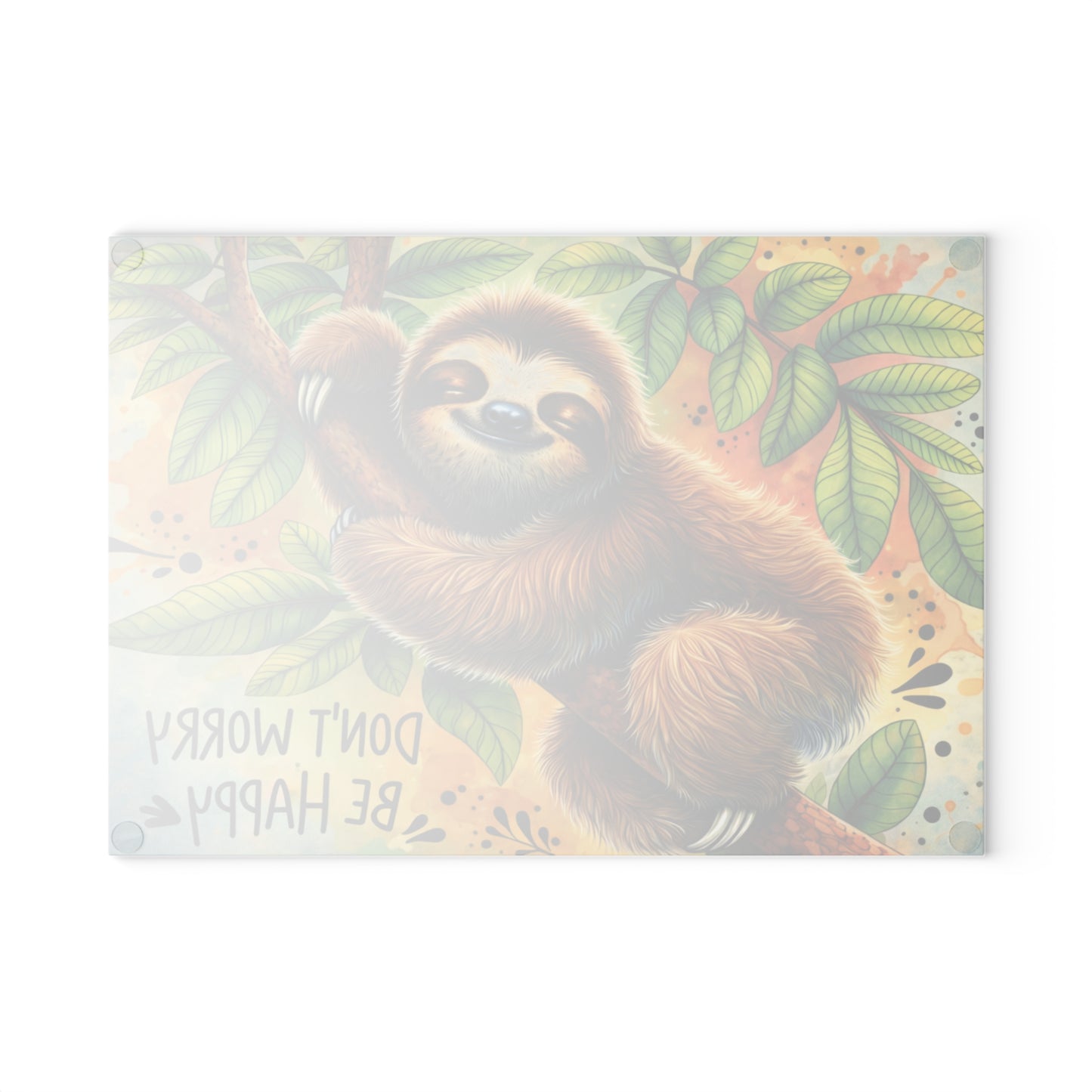 Don’t Worry Be Happy Glass Cutting Board – Whimsical Sloth Artwork