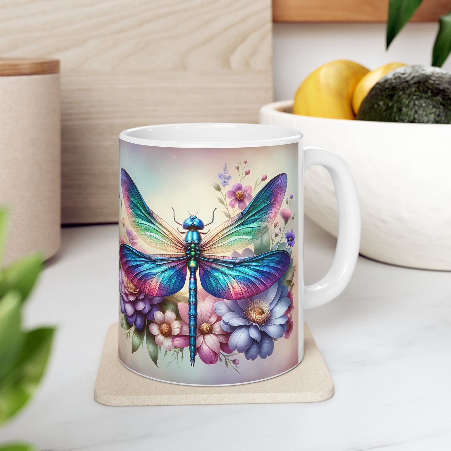 🌸 Vivid Garden Bloom – Envoltorio para taza de café con libélula arcoíris ☕
