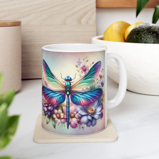 🌸 Vivid Garden Bloom – Envoltorio para taza de café con libélula arcoíris ☕
