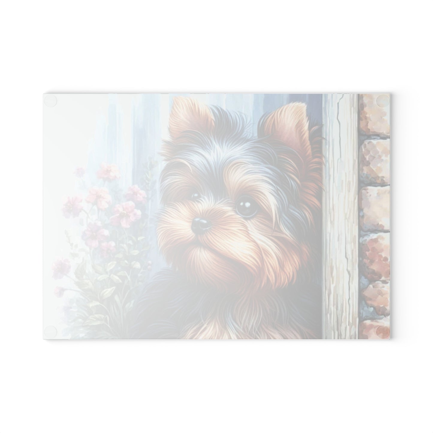 🐾🌸 “Cottage Yorkie Peek” Tempered Glass Board – Sweet Pup & Floral Charm