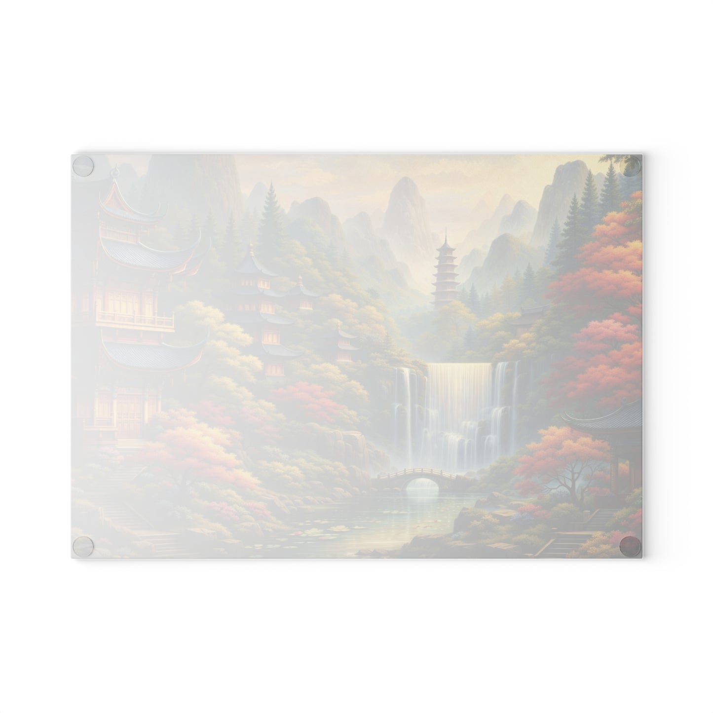 Asian Temple Garden Waterfall Glass Cutting Board – Serene Mountain Landscape Art