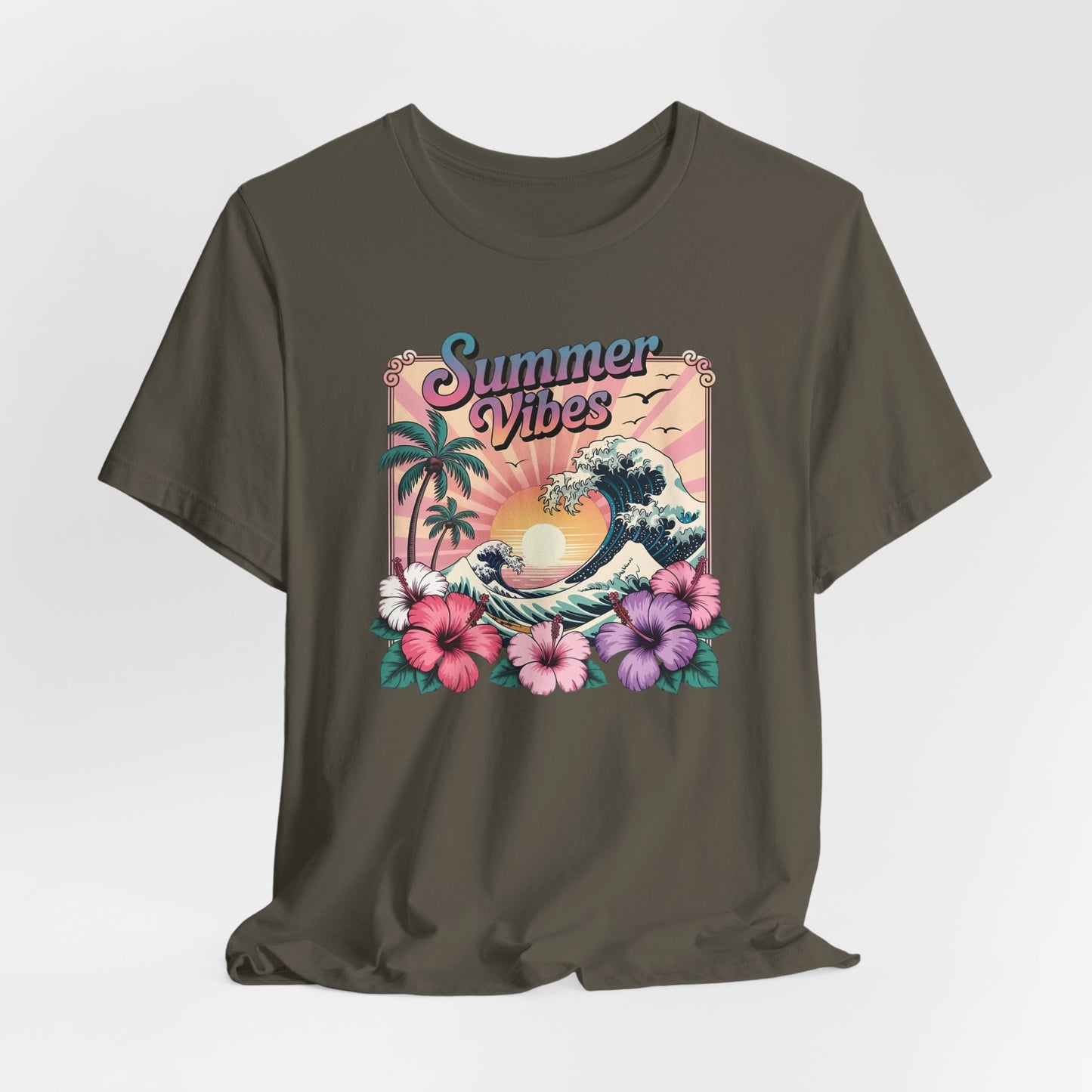 ☀️ Camiseta Summer Vibes – Ola playera vibrante, hibisco y palmeras | Camiseta gráfica para mujer