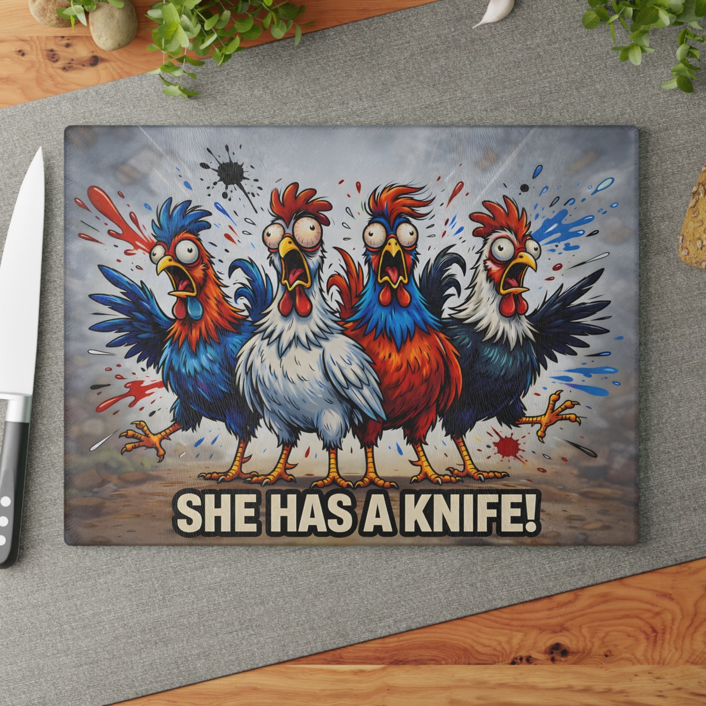 She Has a Knife! Glass Cutting Board – Bold Funny Chicken Kitchen Art