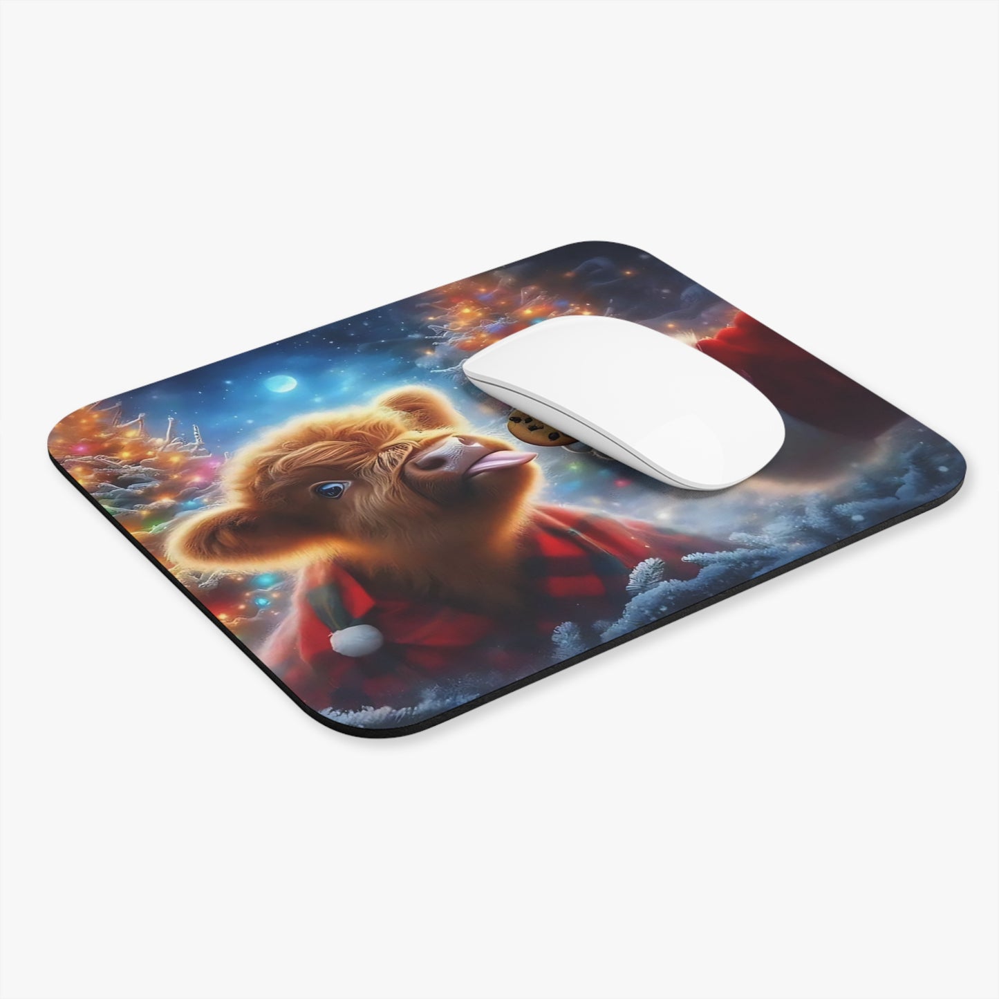 🖱️🎄🐮 Christmas Highland Calf Mouse Pad – Santa Cookie & Holiday Lights