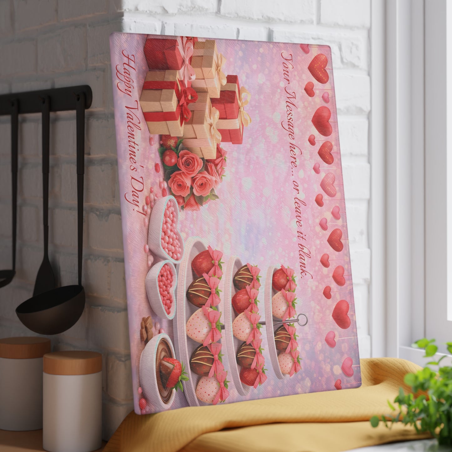 Chocolate-Covered Strawberry Valentine Glass Cutting Board – Personalized Romantic Dessert Display