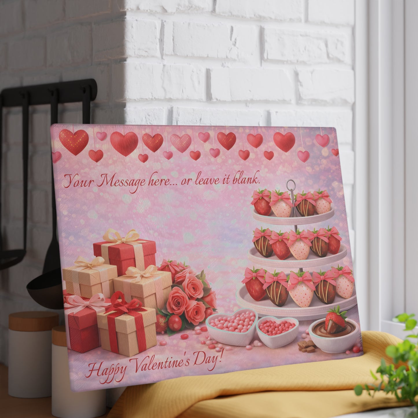 Chocolate-Covered Strawberry Valentine Glass Cutting Board – Personalized Romantic Dessert Display