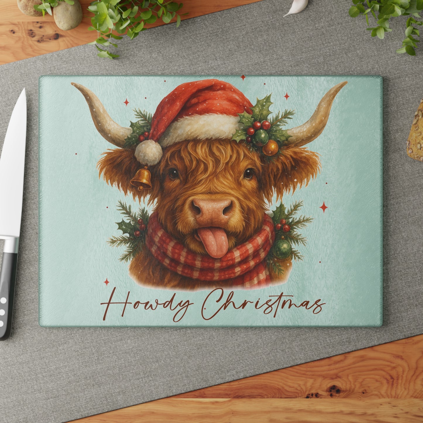 🎄 Howdy Christmas Highland Cow Cutting Board – Festive Country Charm for Your Holiday Kitchen