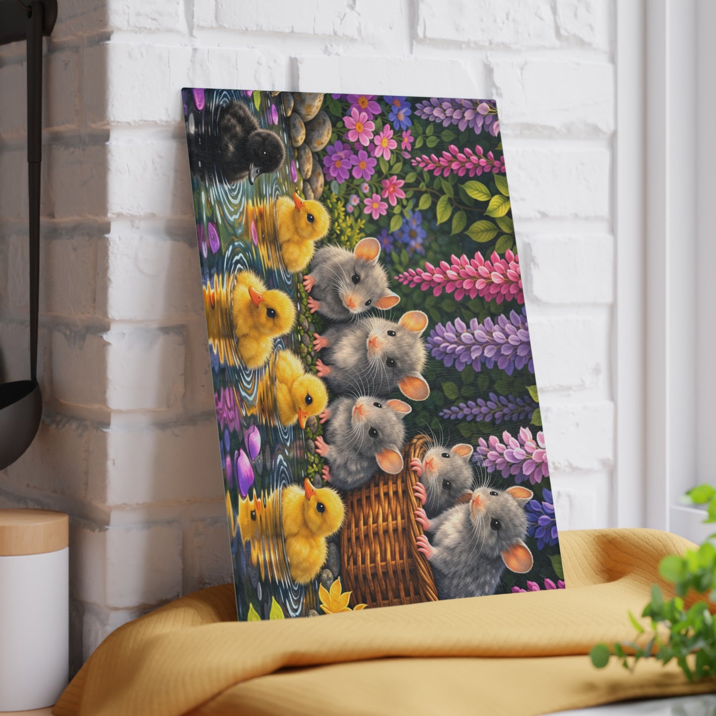 Baby Ducklings and Mice Pond Glass Cutting Board – Whimsical Woodland Garden Artwork