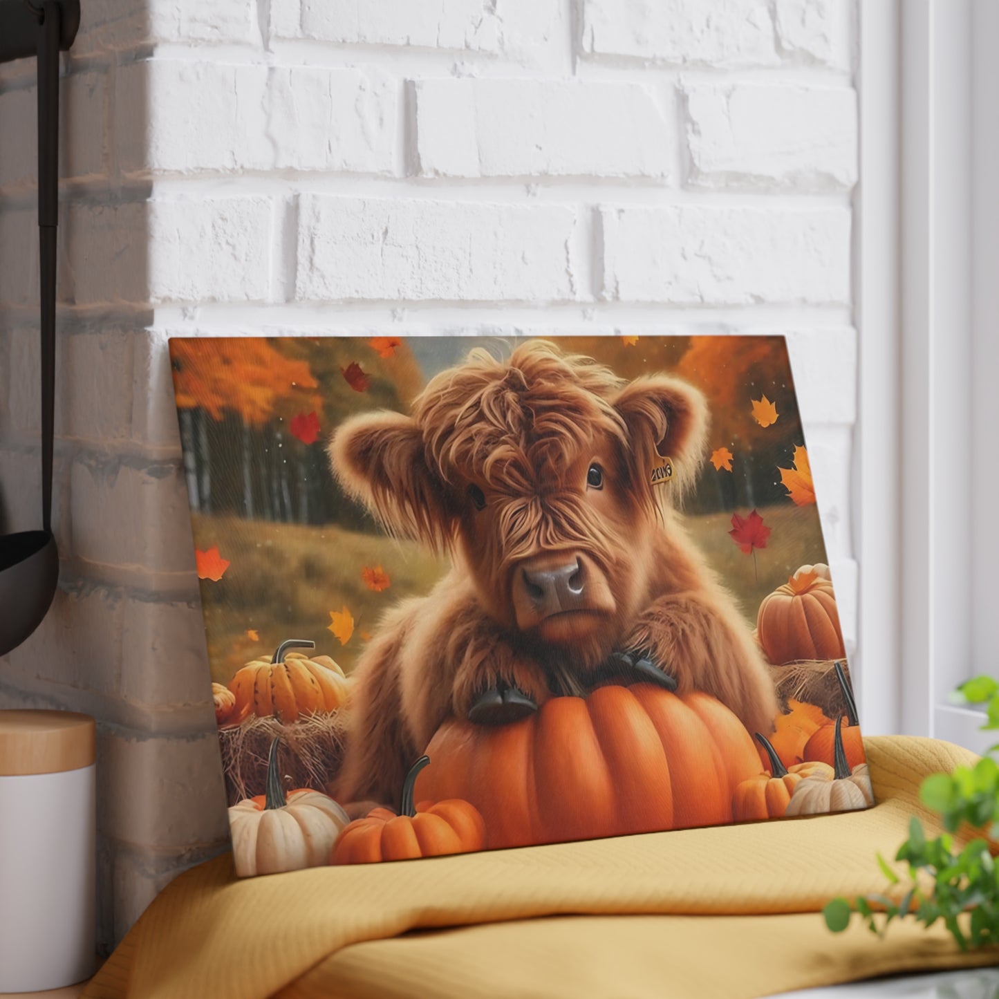 🍂🐮 Autumn Highland Calf Cutting Board – Rustic Fall Kitchen Décor with Pumpkins & Falling Leaves 🎃🍁
