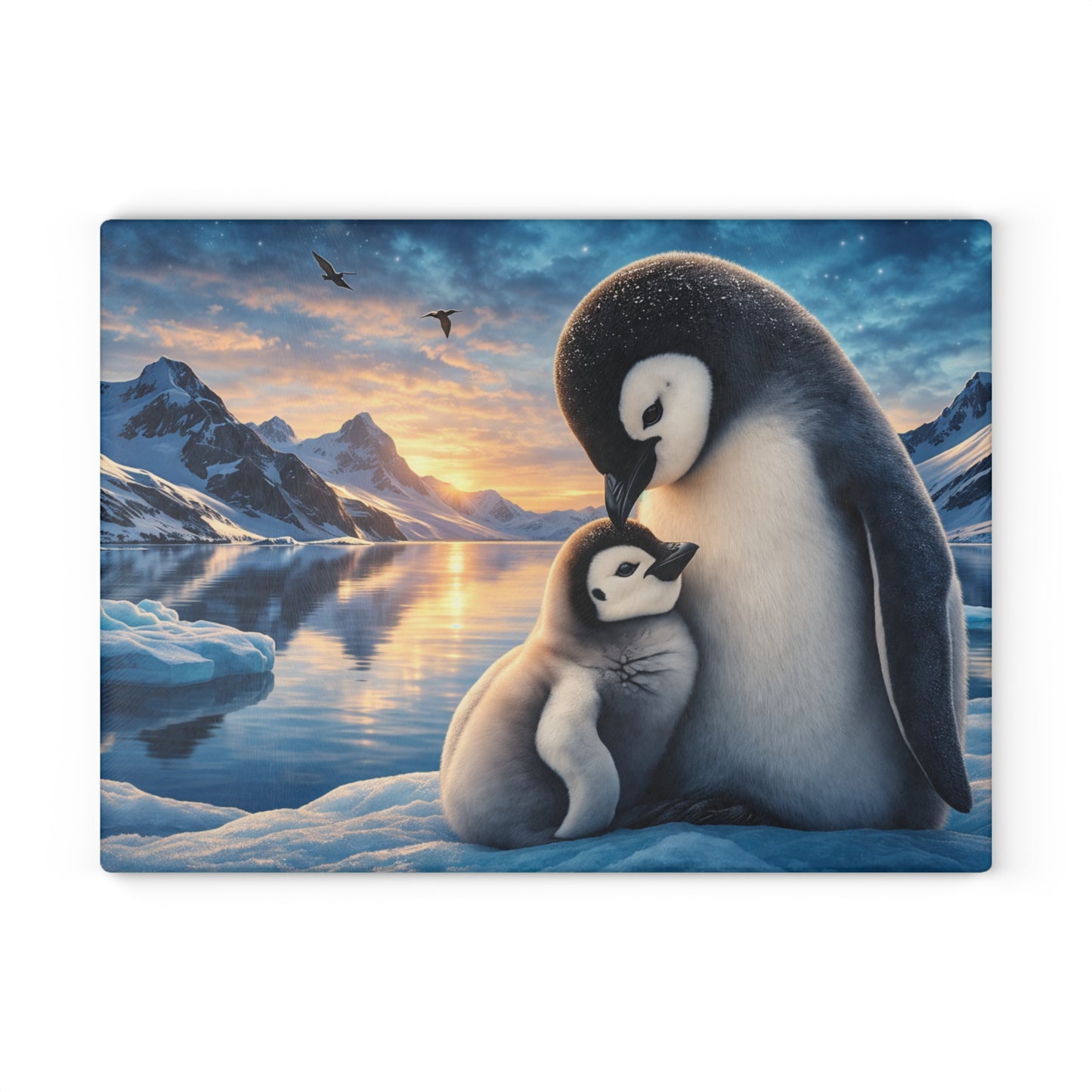Arctic Penguin Love Glass Cutting Board – Peaceful Polar Wildlife Kitchen Art