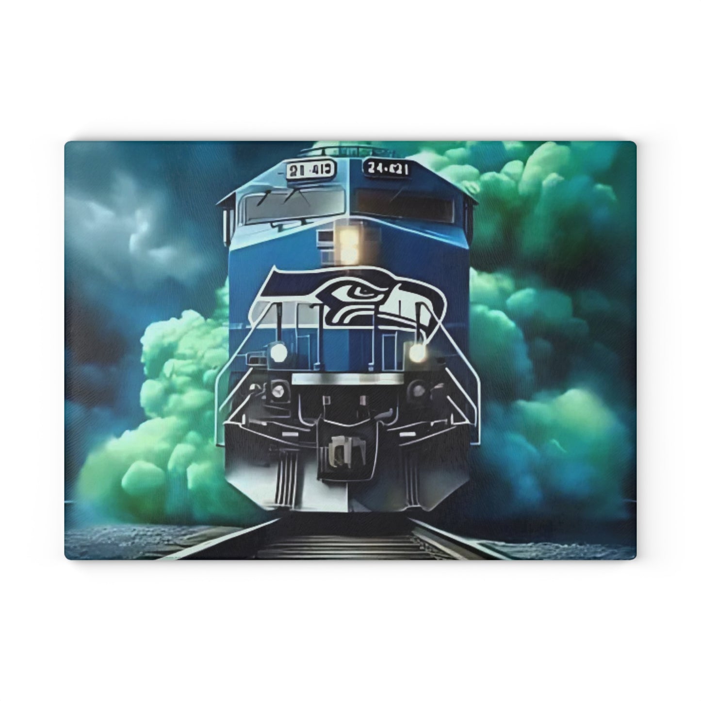Navy & Bright Green Express Glass Cutting Board – Bold Train Art for Modern Kitchens