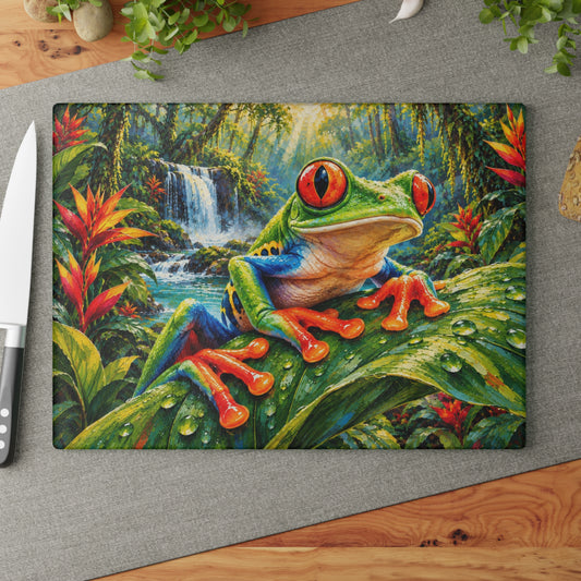 Colorful Red-Eyed Tree Frog Glass Cutting Board – Tropical Rainforest Waterfall, Jungle Wildlife Kitchen Décor & Nature Lover Gift