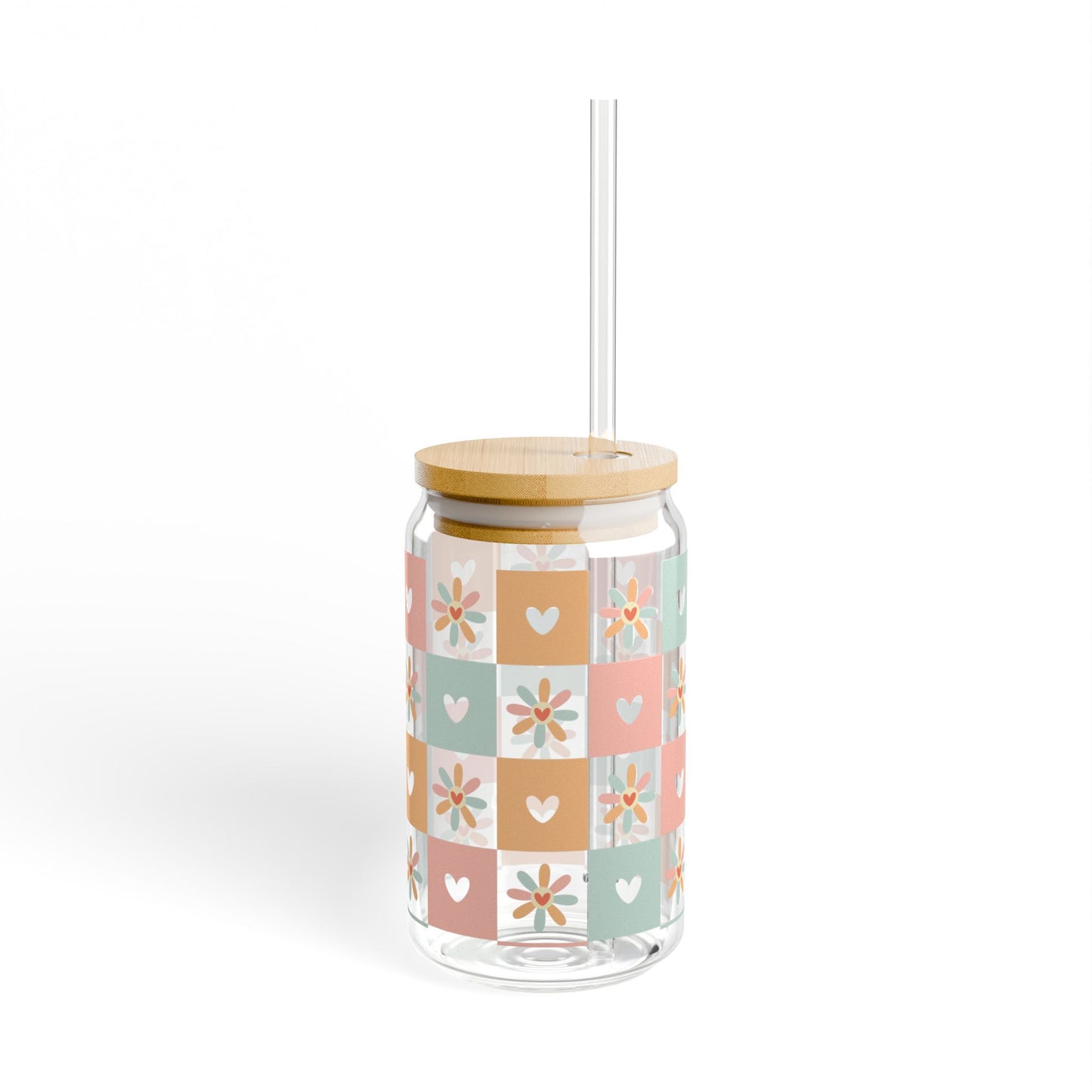 🧡🌼 Pastel Hearts & Flowers Sipper Glass – Retro Charm for Every Sip 💗✨