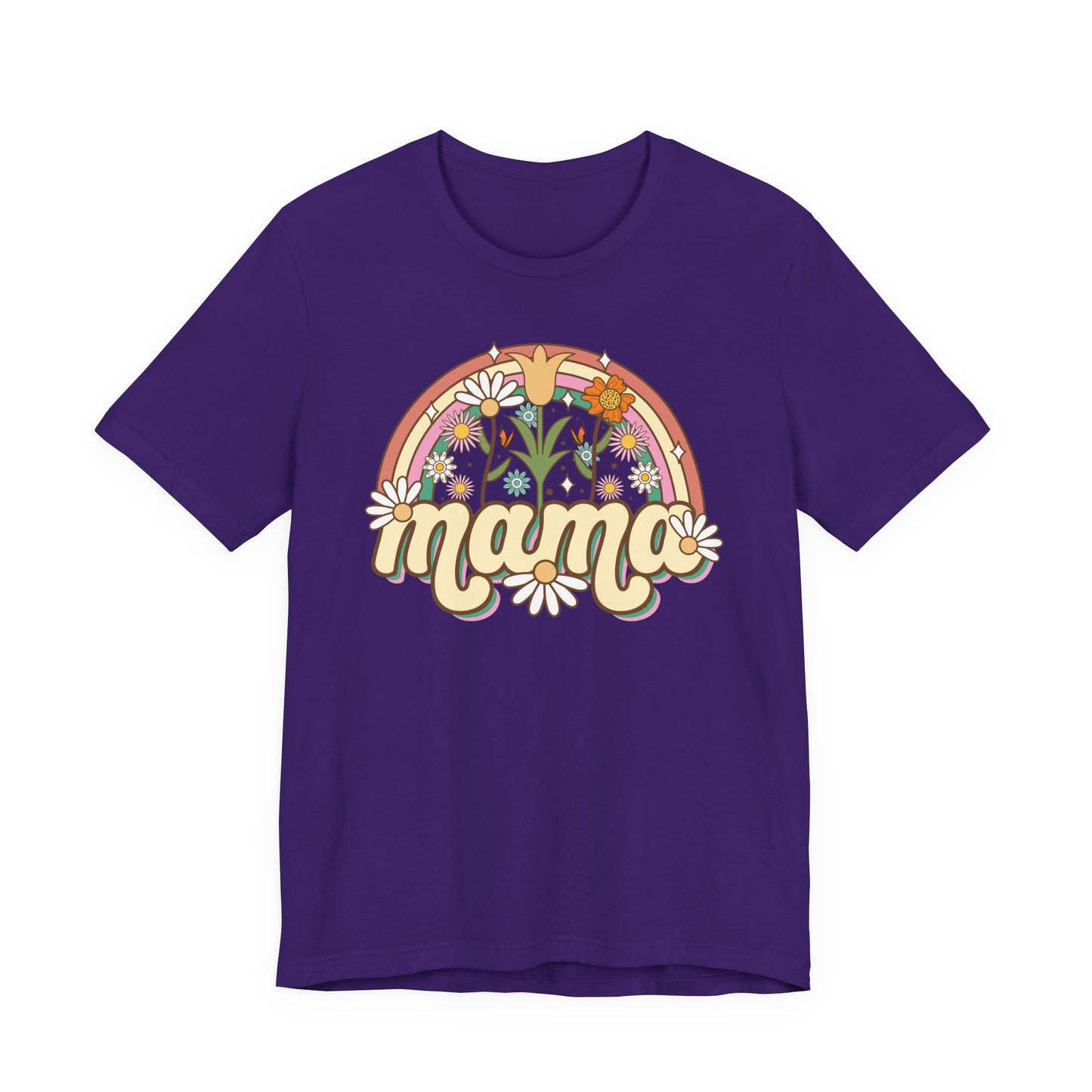 🌼🌈 Retro Floral Mama T-Shirt – Boho Rainbow Graphic Tee for Moms 🌻✨