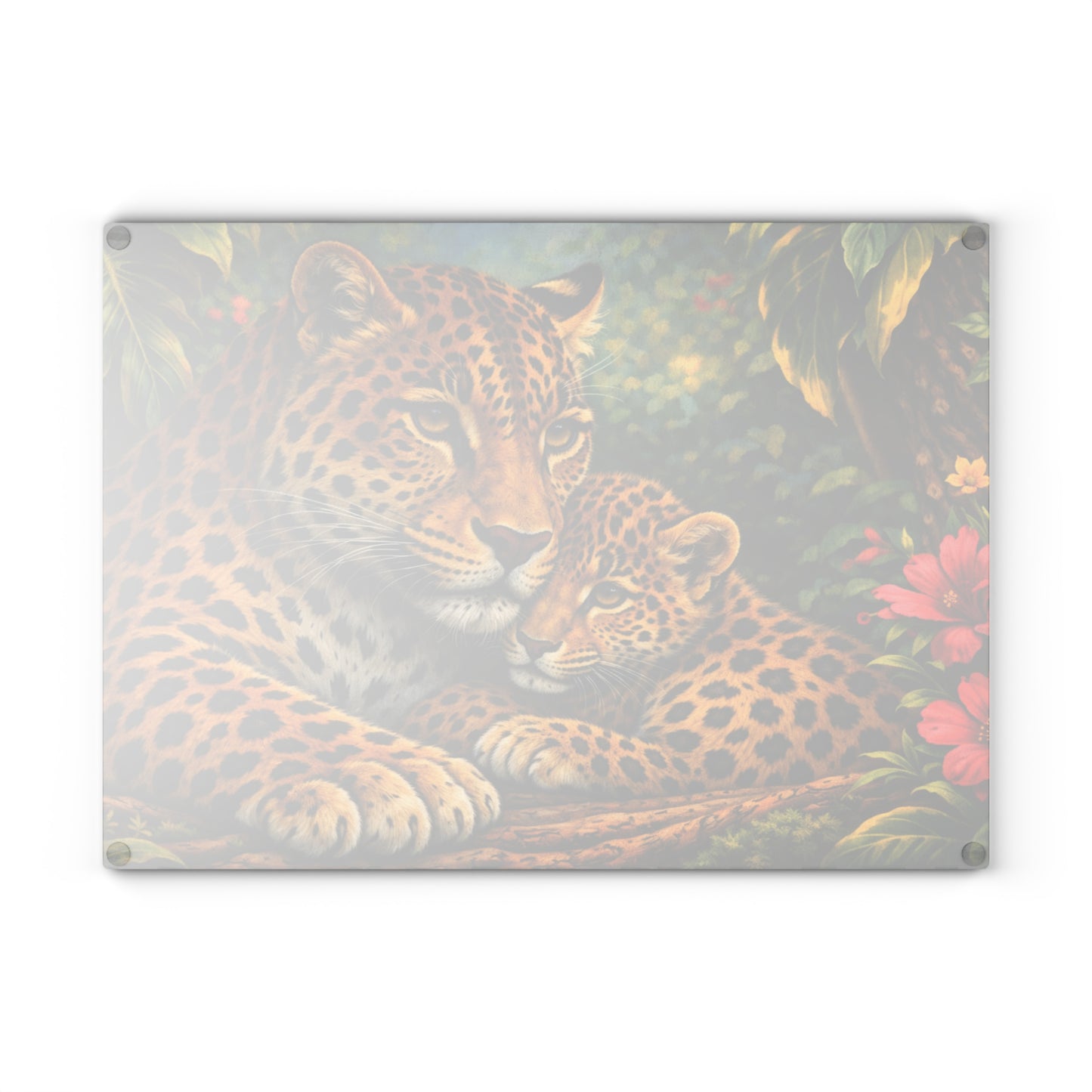Leopard Mother and Cub Glass Cutting Board – Jungle Wildlife Family Artwork