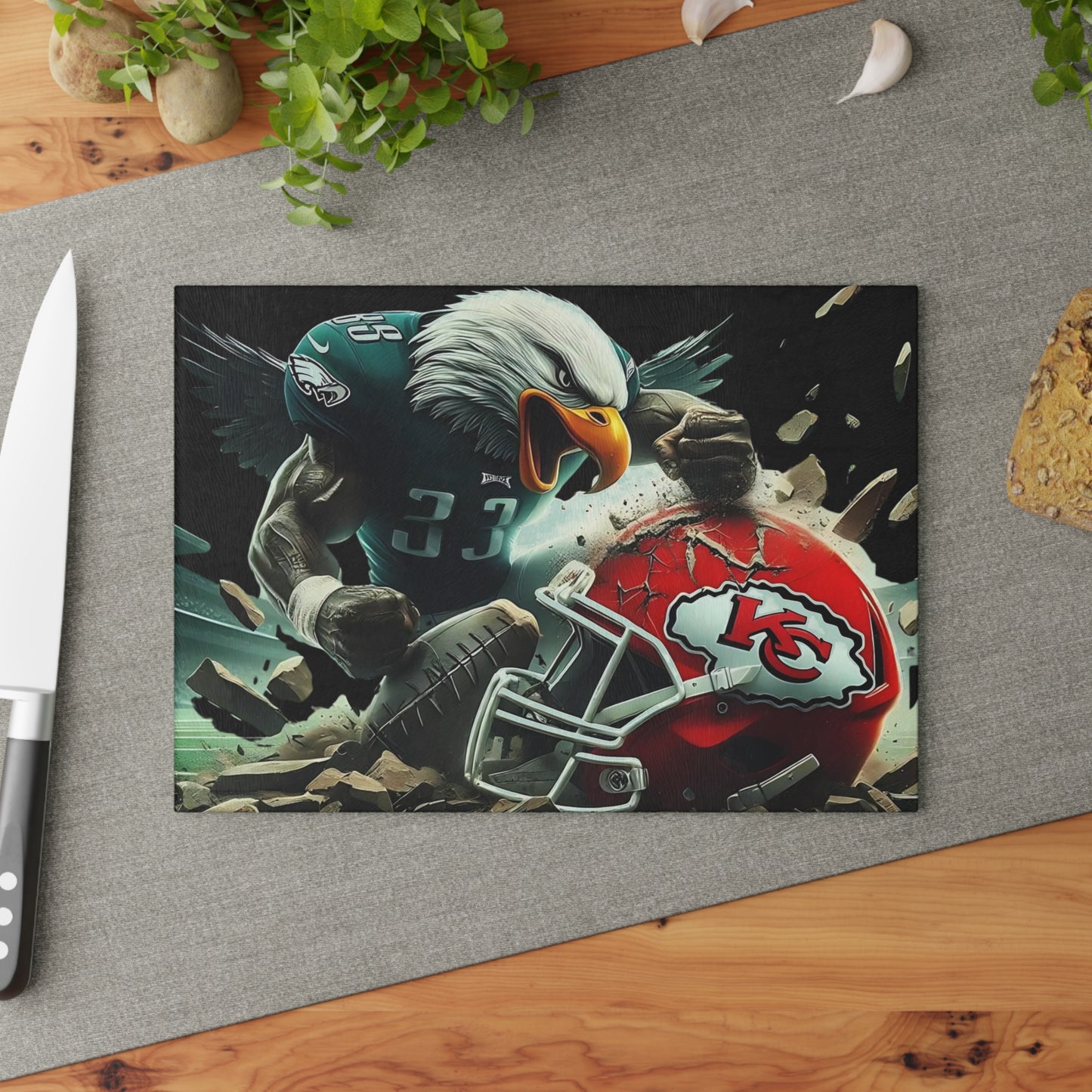 Tabla de cortar de vidrio Showdown Clash: arte de cocina inspirado en una feroz rivalidad