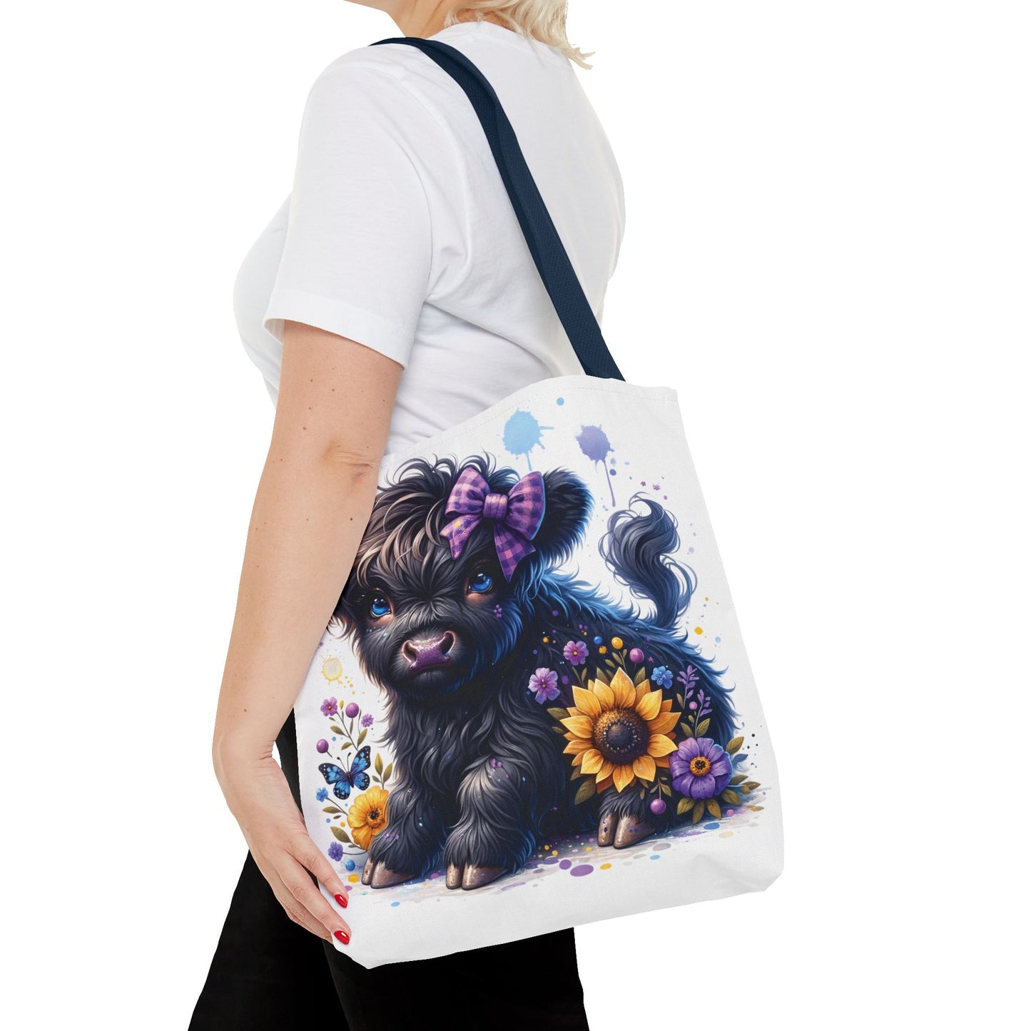 💜 Purple Bow Black Highland Calf Tote Bag – Country Charm with a Pop of Color 🐮👜