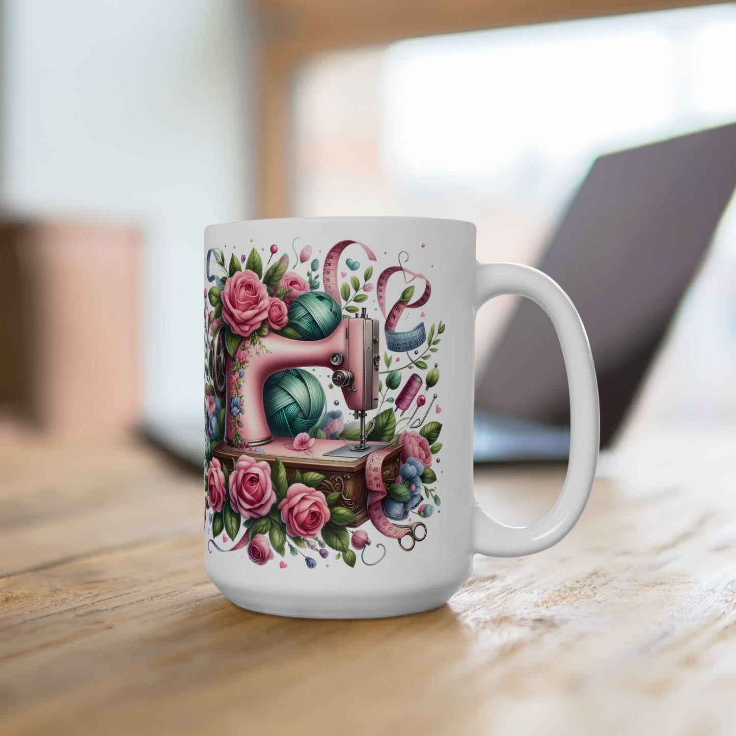 🌸🧵 Floral Sewing Machine Mug – Personalized Coffee Cup for Quilters & Crafters ✨☕