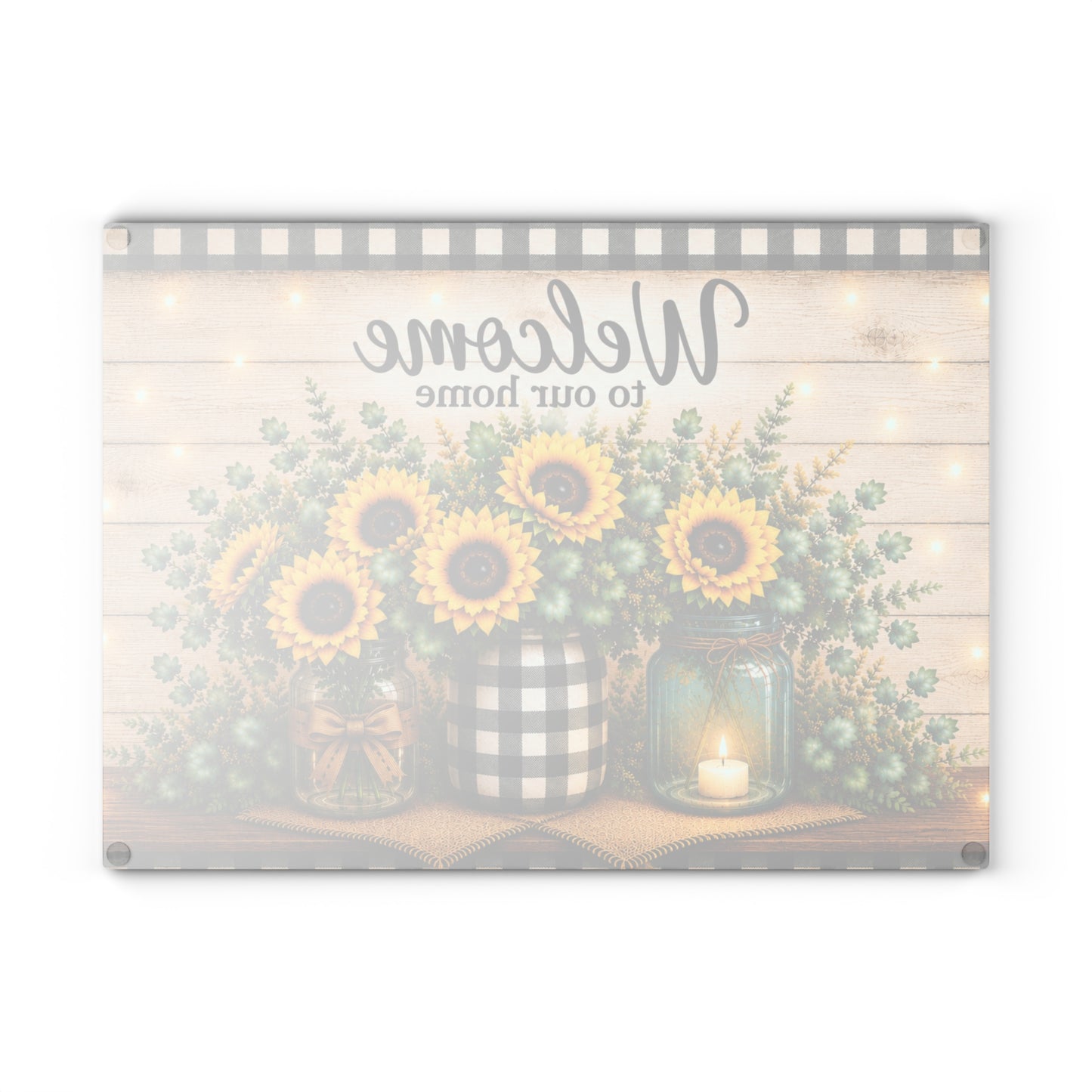 Sunflower Welcome Glass Cutting Board – Farmhouse Buffalo Plaid Kitchen Decor