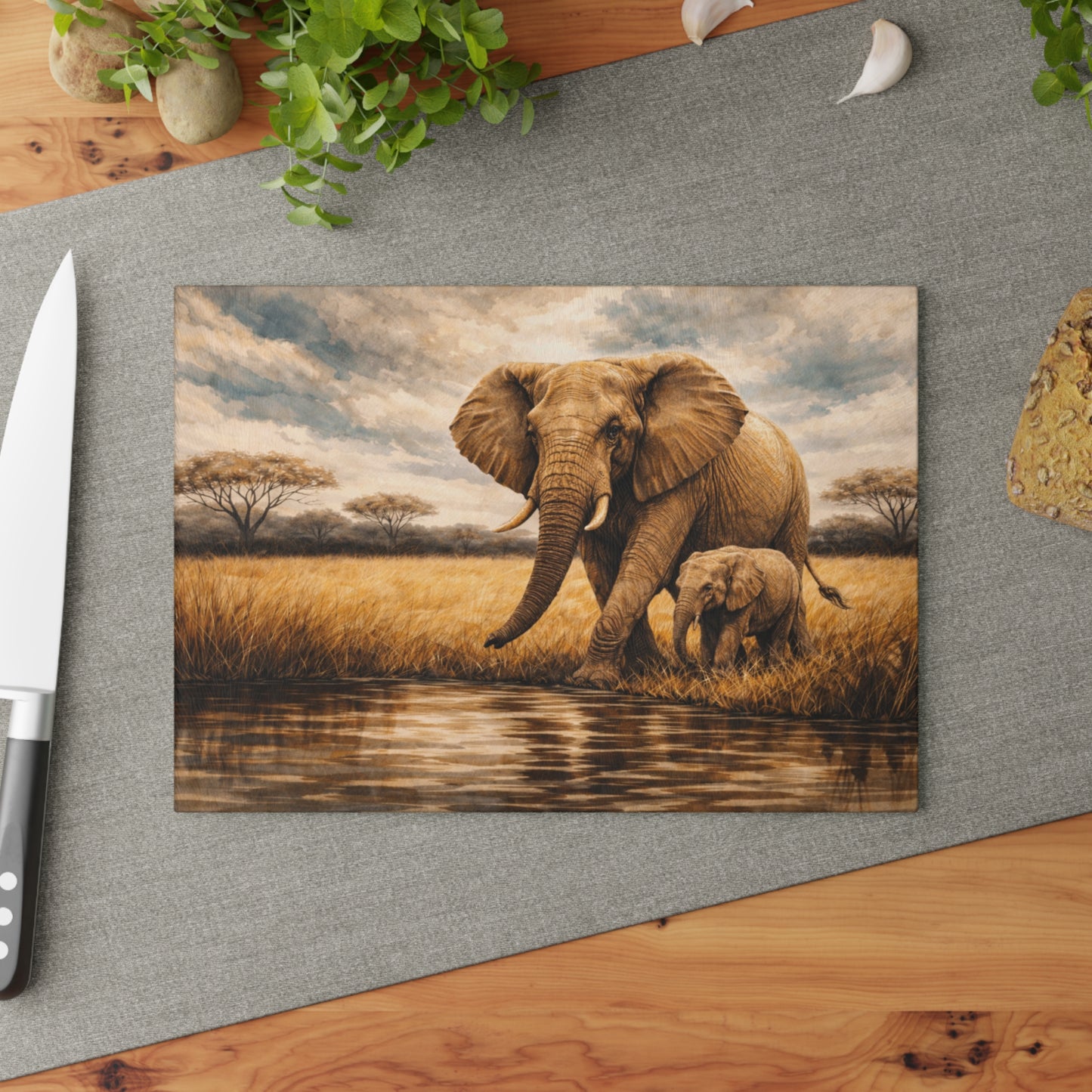 Safari Elephant and Calf Glass Cutting Board – African Wildlife Savanna Artwork