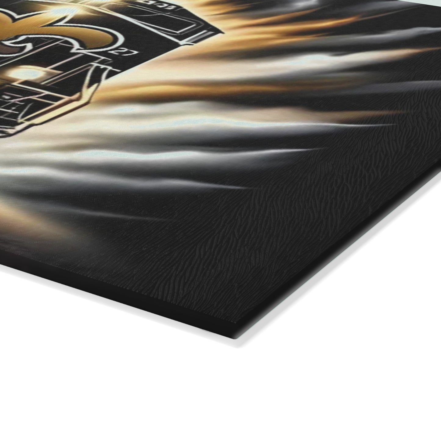 Black & Gold Express Glass Cutting Board – Luxe Train Art for Sophisticated Kitchens